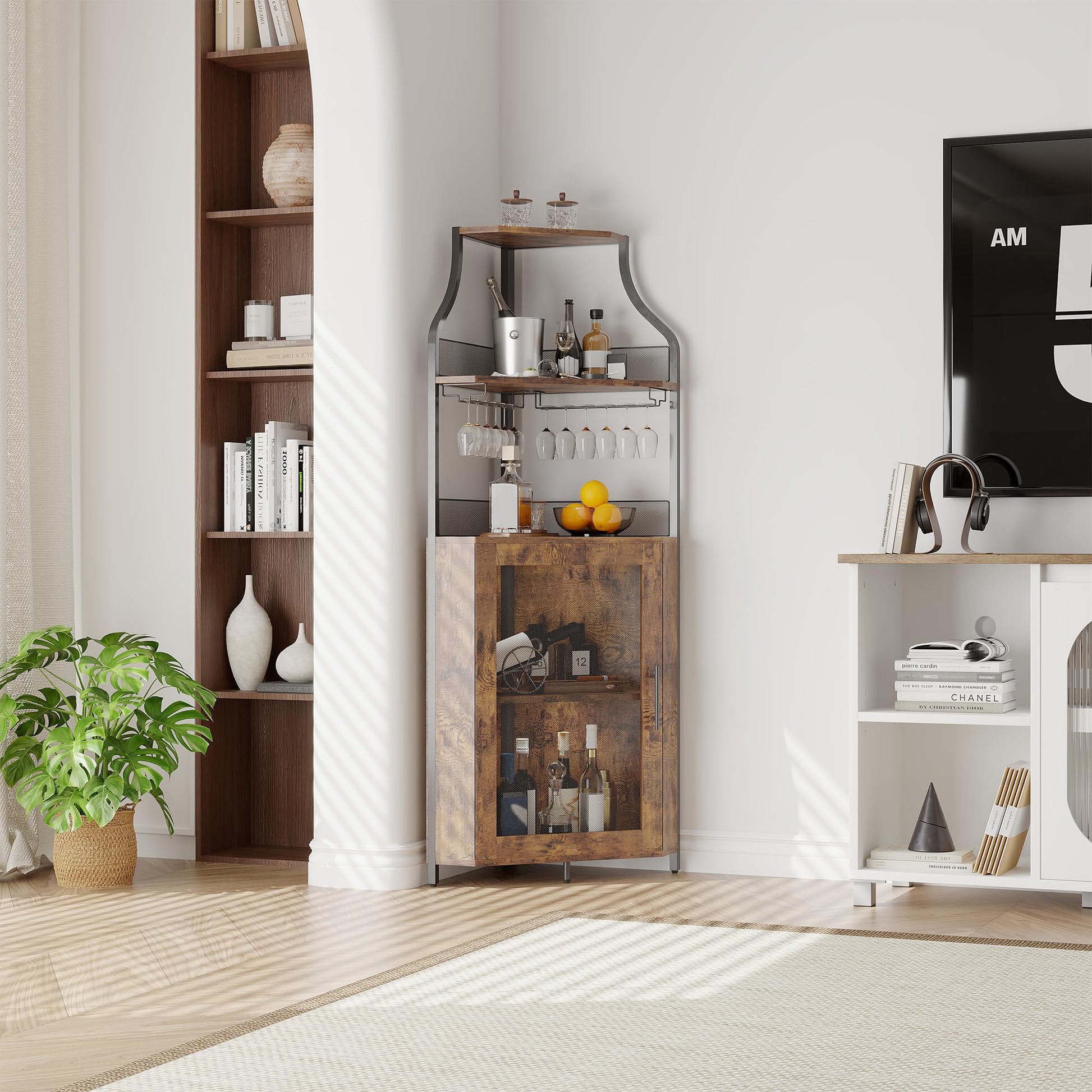 Mobile bar angolare Garvee per liquori con ripiani regolabili, 61 pollici, stile industriale, MDF e metallo, porta a rete, porta bicchieri, indipendente, cucina e soggiorno