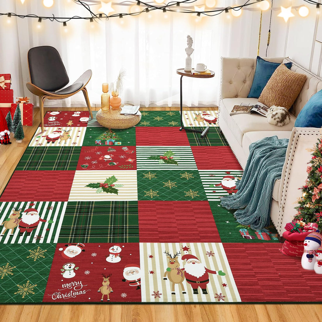 Tappeto natalizio Garvee, rosso e verde con motivo a campanelle, fiocchi di neve e alci, grande, lavabile, pelo corto, per interni, 140x200 cm