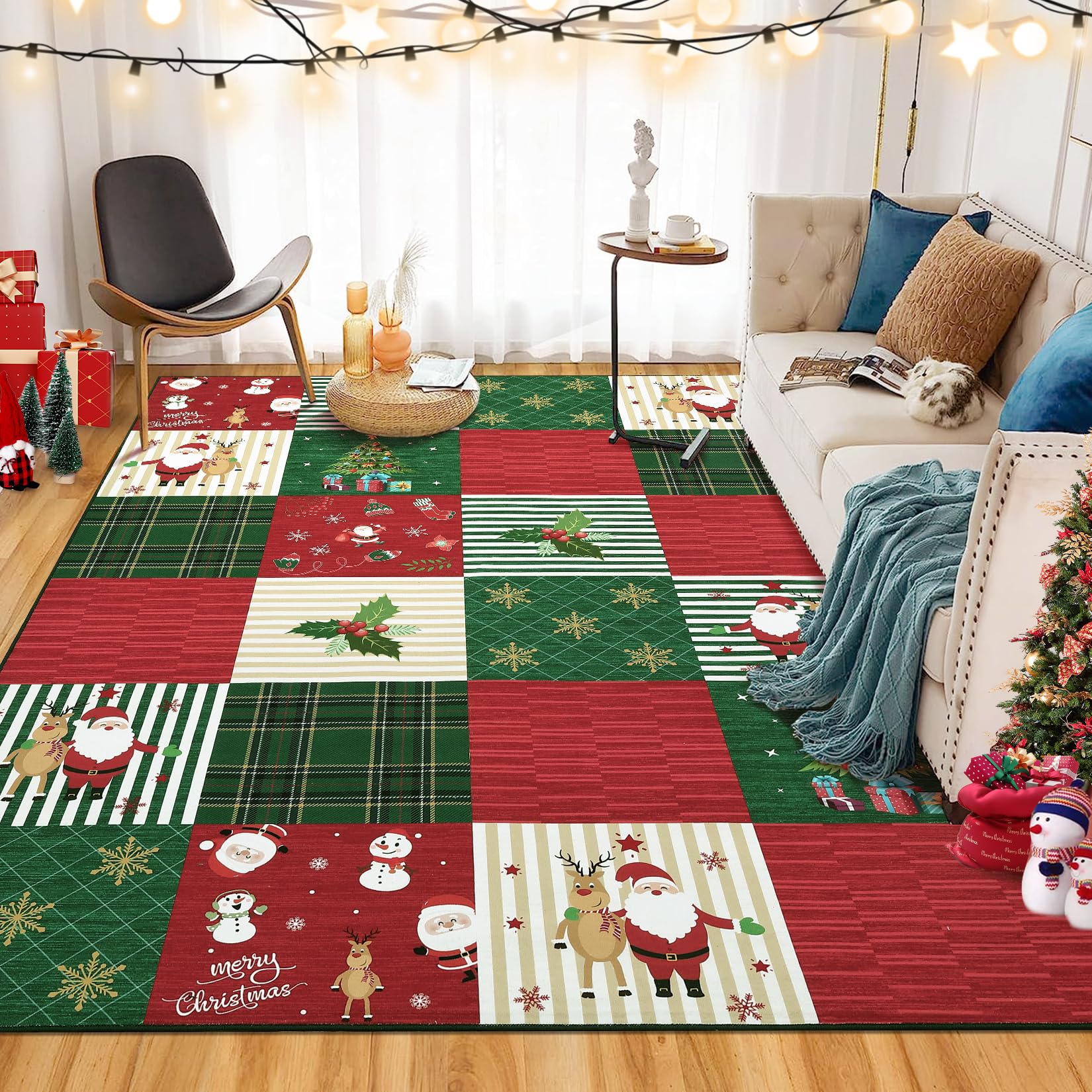 Tappeto natalizio Garvee, rosso e verde con motivo a campanelle, fiocchi di neve e alci, grande, lavabile, pelo corto, per interni, 140x200 cm