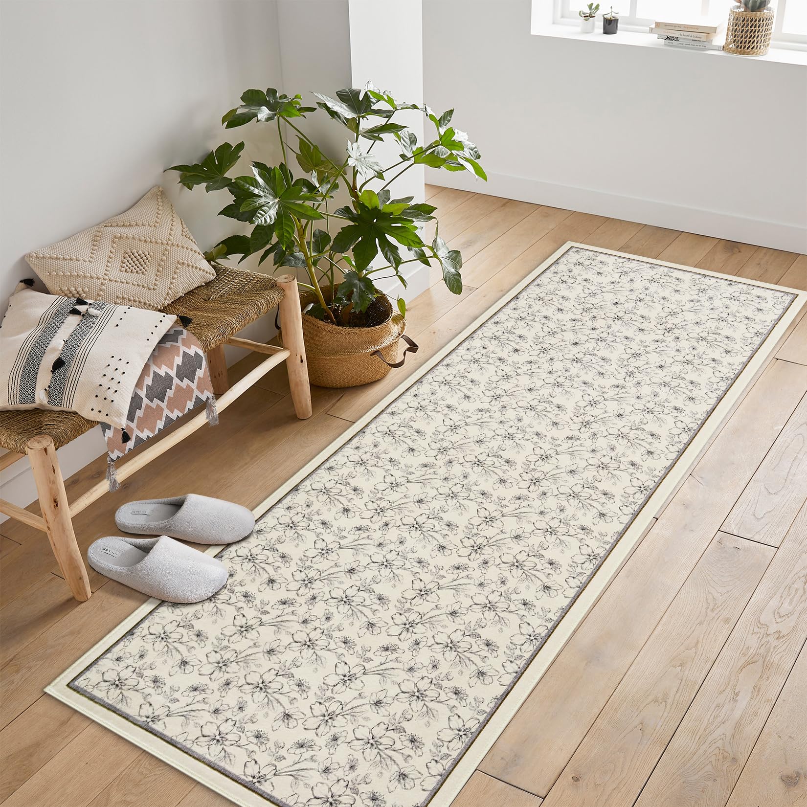 Tappeto per soggiorno Garvee 80x150cm a pelo corto, antiscivolo, vintage, floreale, lavabile, beige