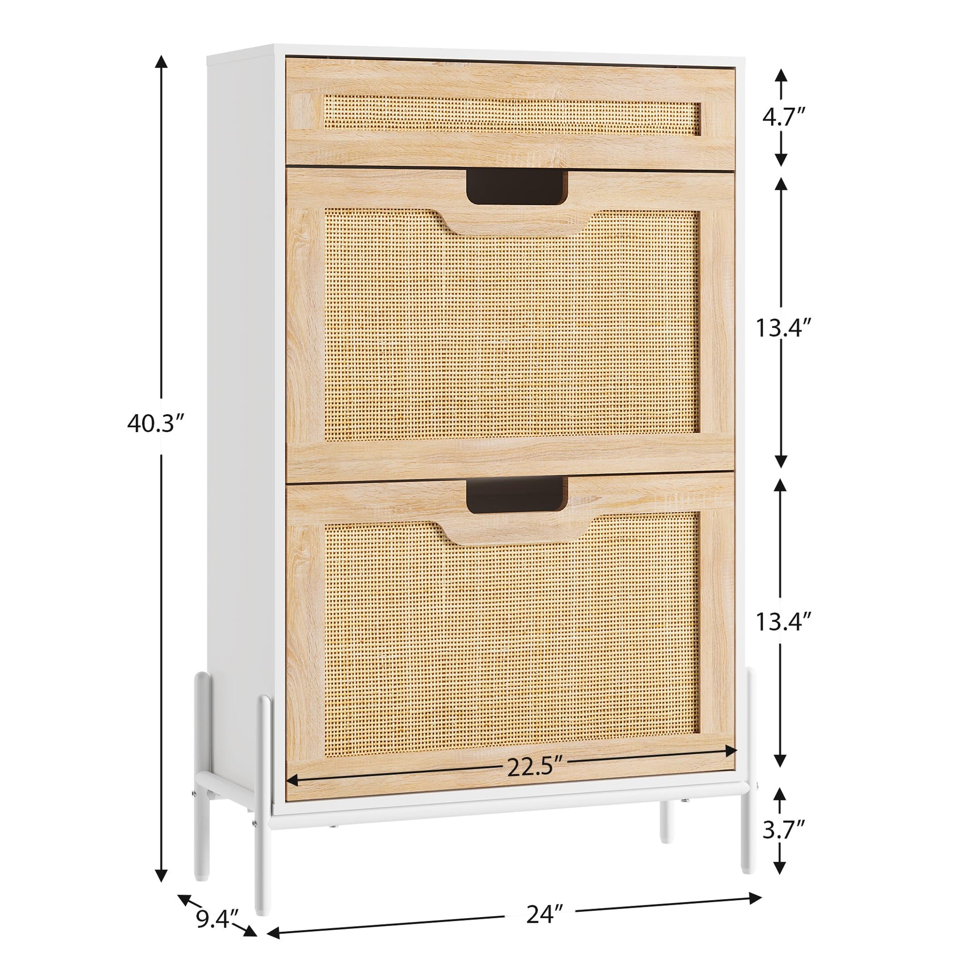 Scarpiera in rattan naturale Garvee con 2 ante a ribalta, cassetto, ripiani regolabili, bianco e rovere per corridoio e ingresso