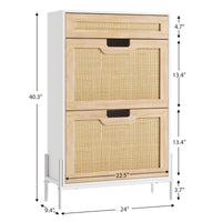 Scarpiera in rattan naturale Garvee con 2 ante a ribalta, cassetto, ripiani regolabili, bianco e rovere per corridoio e ingresso