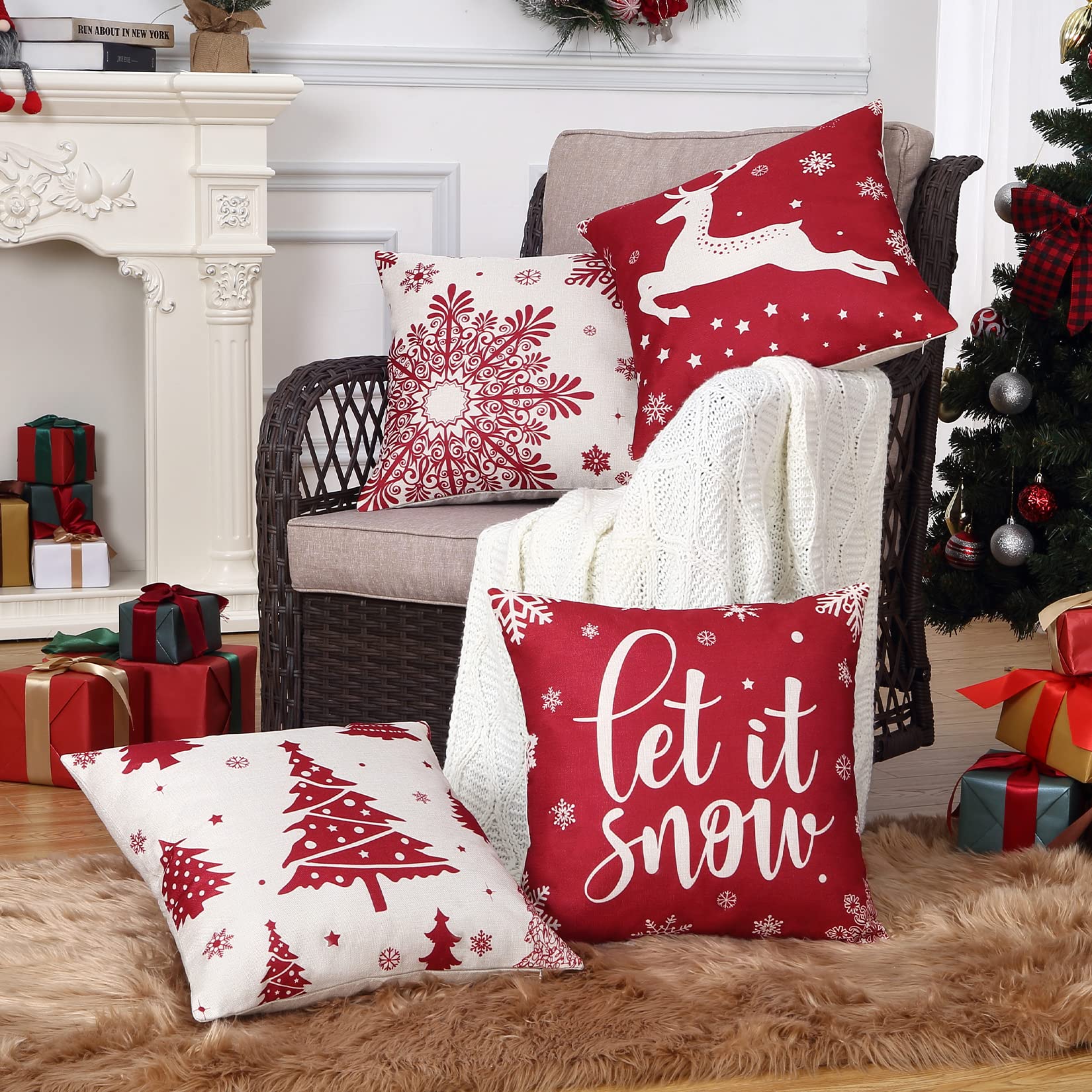 Garvee Fundas De Cojín Navideñas Juego 4 Piezas Lino Y Poliéster Rojo 45x45cm Para Sofá Y Dormitorio
