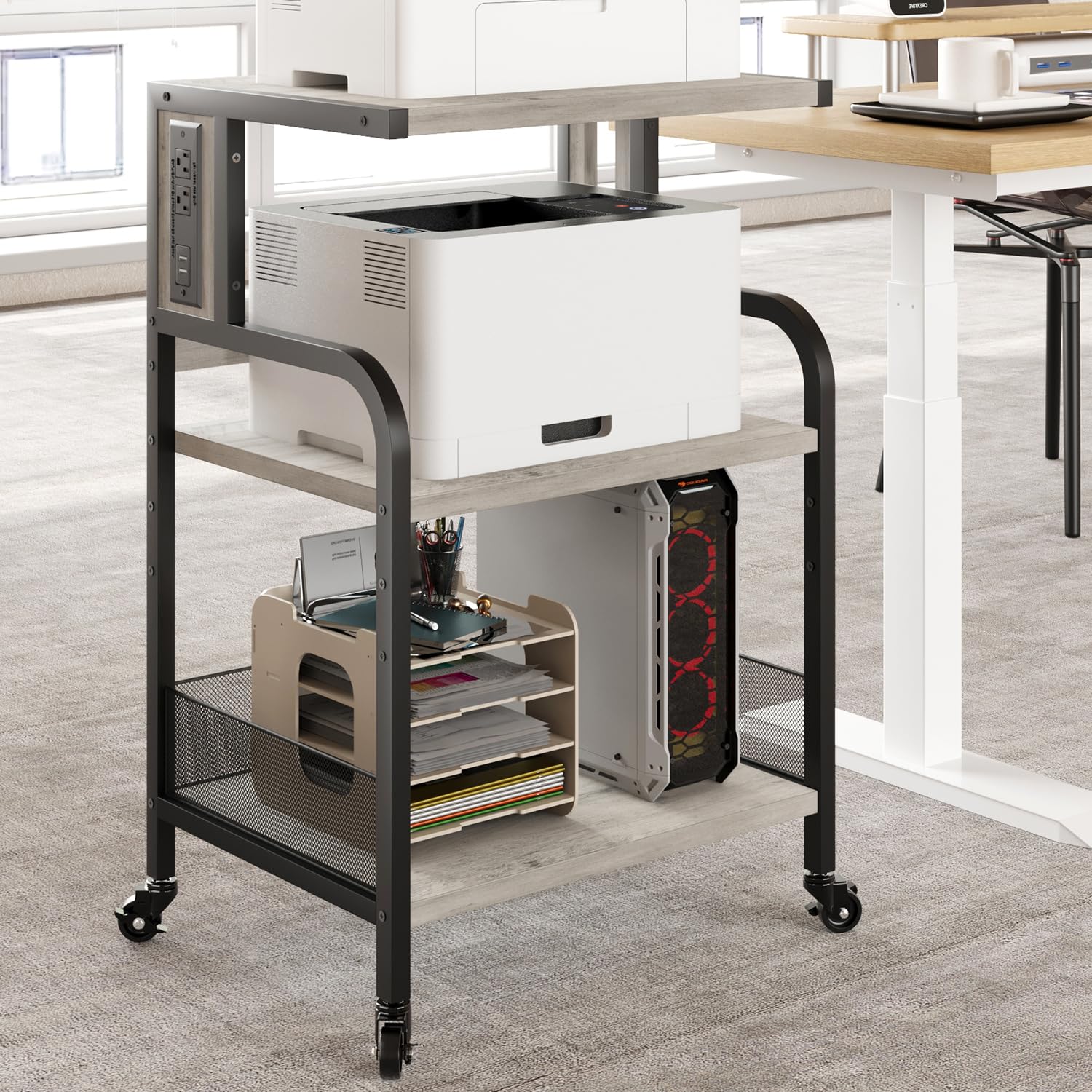 Supporto per stampante Garvee con funzione di ricarica, struttura in metallo, altezza regolabile, ufficio e casa, 20,46"x15,76"x31,46", nero