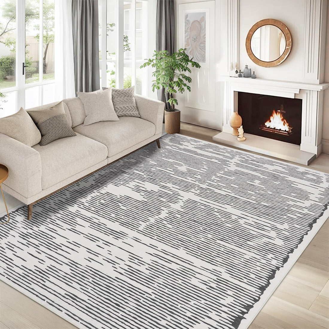 Tappeto a pelo corto Garvee 120x170cm, lavabile, grigio chiaro, per soggiorno, camera da letto, motivo a linee minimaliste, soffice, morbido e antiscivolo.