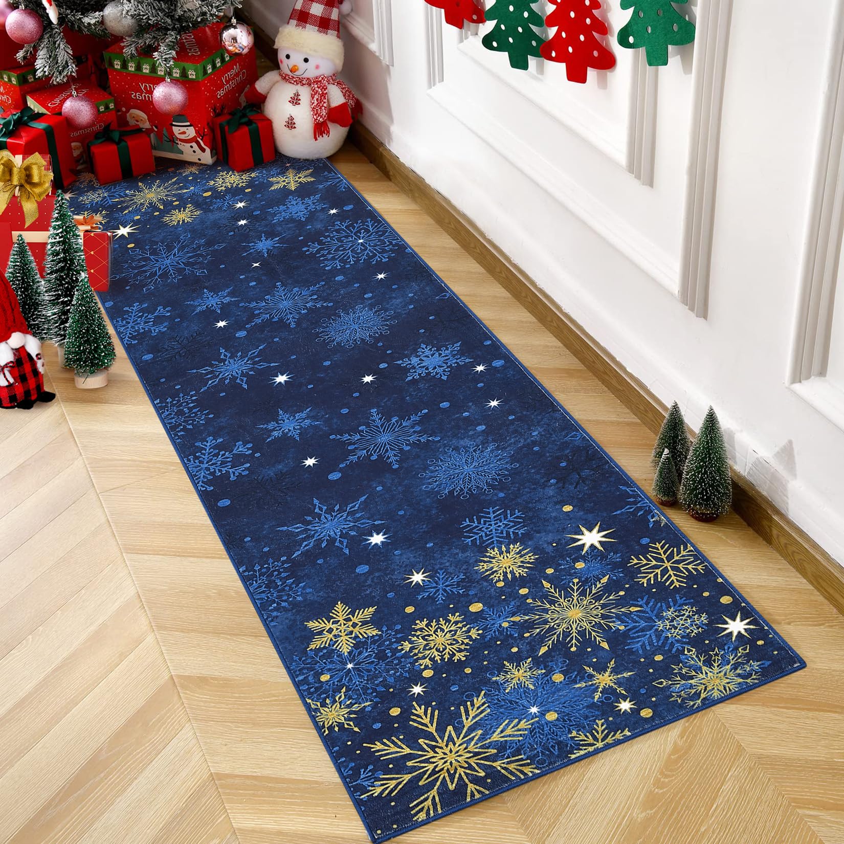 Tappeto natalizio Garvee 80x150 cm blu lavabile antiscivolo decorazione natalizia per soggiorno camera da letto cucina cameretta bambini