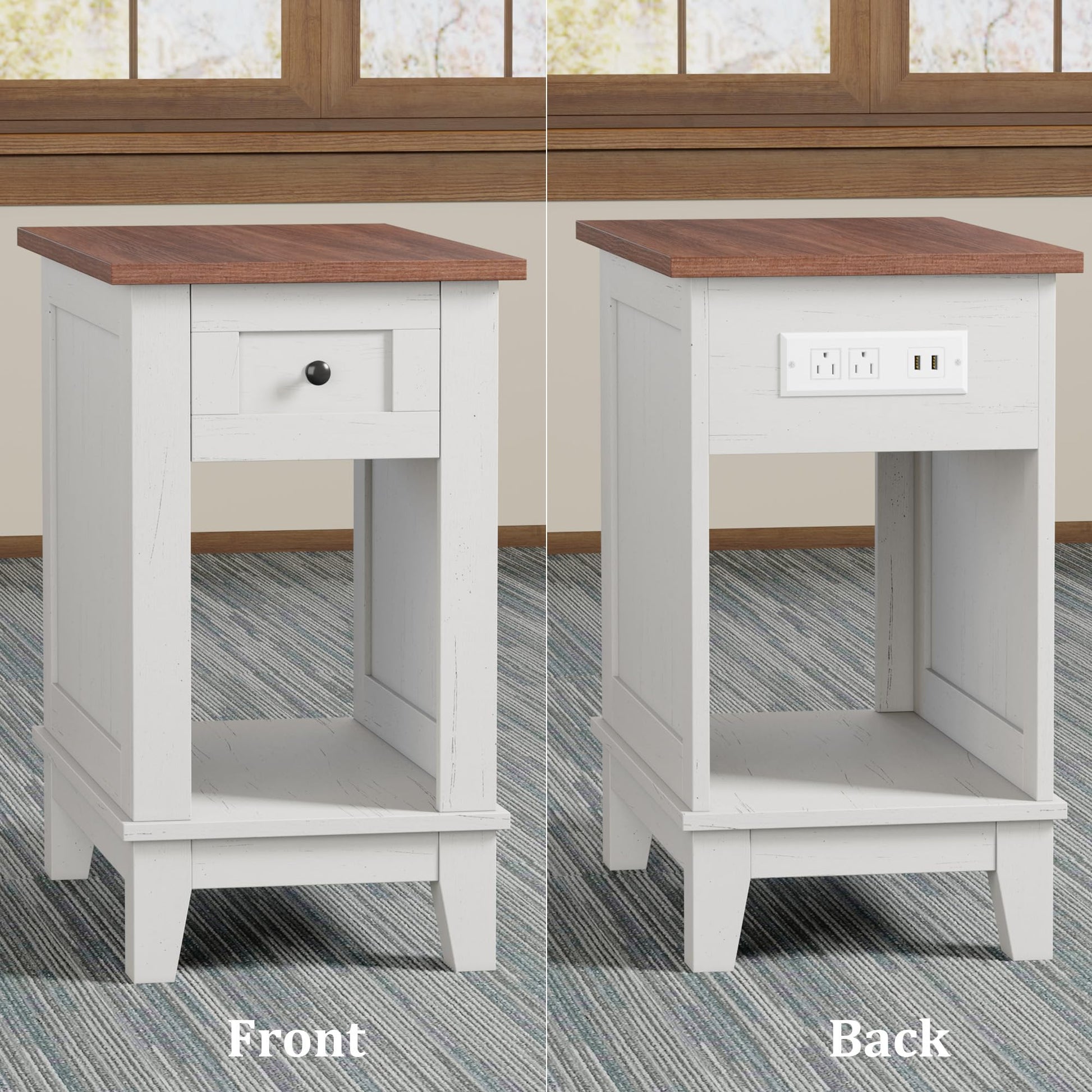 Tavolino laterale stretto Garvee con stazione di ricarica, 2 porte USB e 2 porte CA, in legno MDF per soggiorno e camera da letto, robusto, spazio di archiviazione, colori del legno