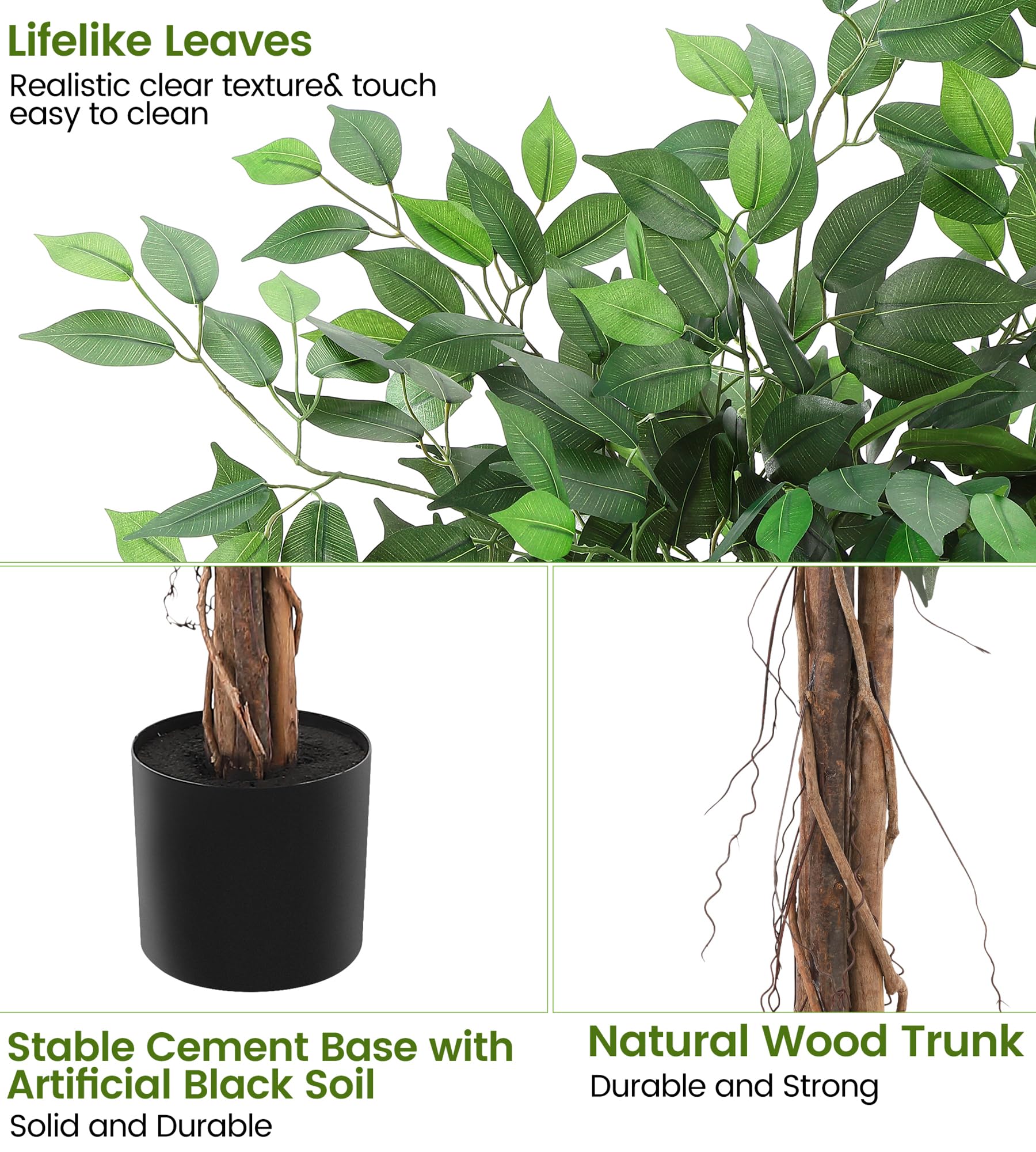 Albero di ficus artificiale Garvee da 6 piedi con tronco in legno naturale, tronco regolabile, poliestere, vaso in plastica robusta per ufficio e soggiorno, 183 cm, verde