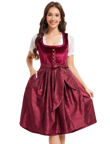Garvee Dirndl Abito tradizionale da donna in velluto midi, Dirndl, vestito Oktoberfest, rosso vino, taglia 34