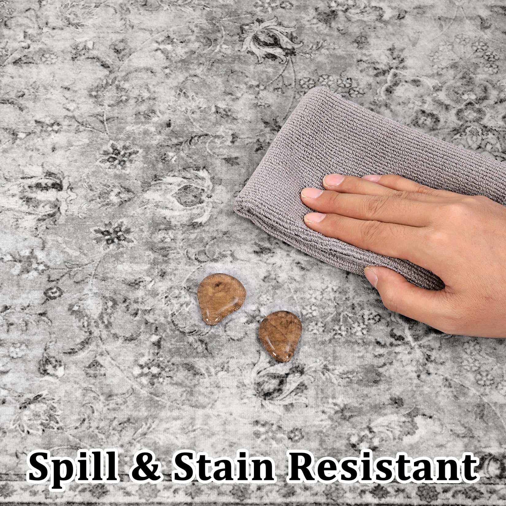 Tappeto vintage lavabile Garvee 160x230cm grigio per soggiorno, camera da letto, sala da pranzo, retrò, pelo corto, antiscivolo