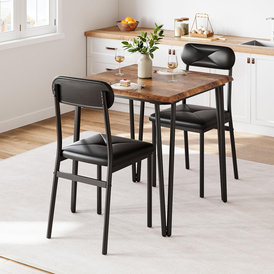 Set da pranzo Garvee per 2 persone con sedie imbottite, tavolo in MDF vintage, struttura in metallo robusto, salvaspazio, per cucina e stanze piccole, grigio/nero