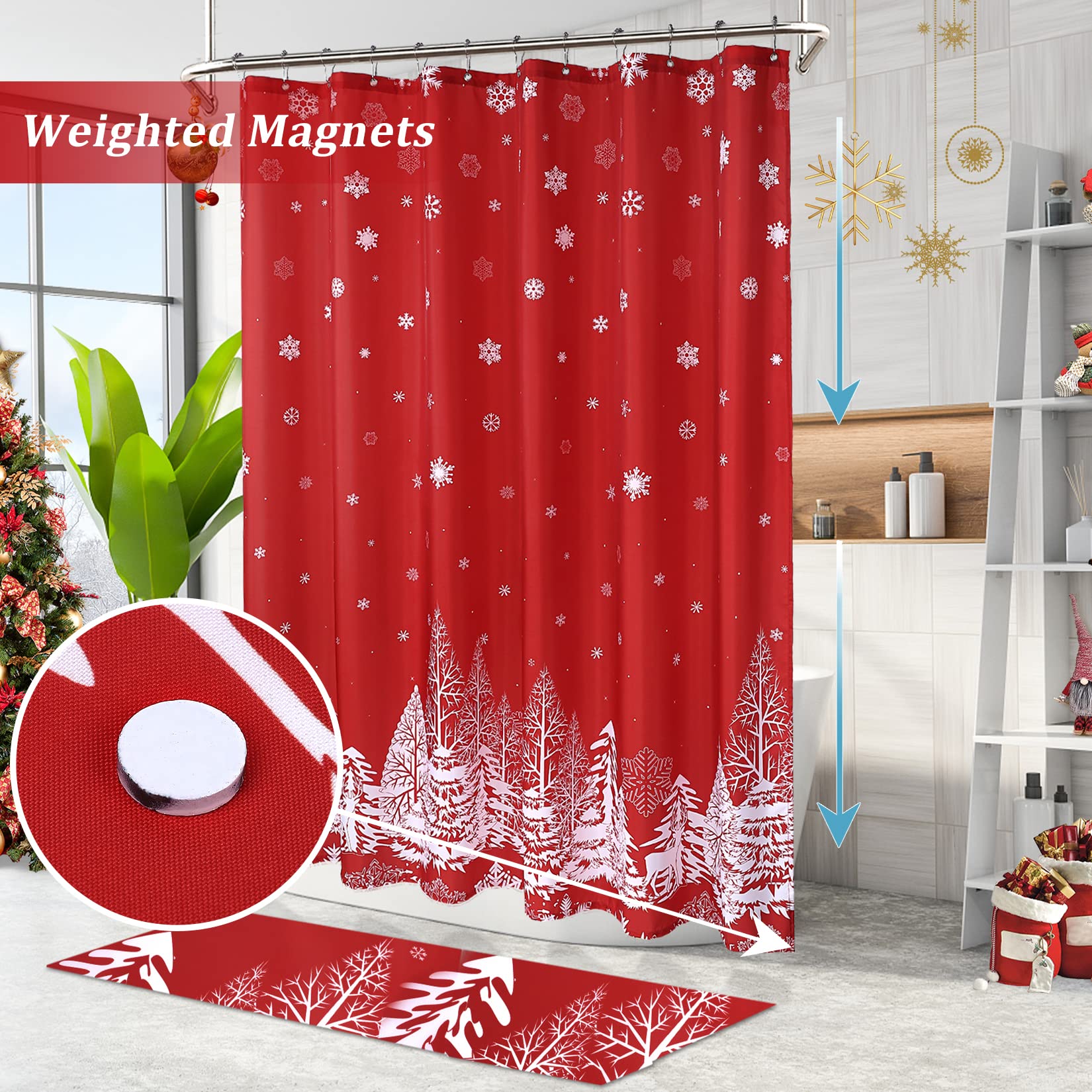 Tenda da doccia natalizia Garvee con motivo a albero di Natale e neve, impermeabile, 85x183 cm, in poliestere rosso per bagni e feste