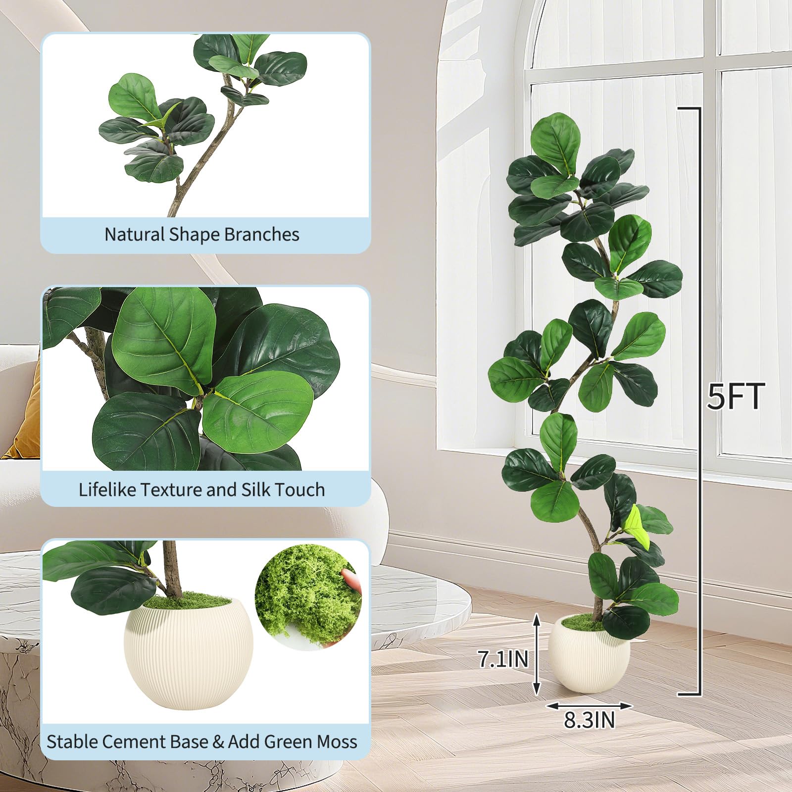 Albero di fico artificiale Garvee a foglia di violino, vaso bianco da 5 piedi per soggiorno e ufficio, foglie di seta realistiche, rami regolabili, resistente alle intemperie
