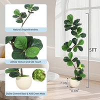 Albero di fico artificiale Garvee a foglia di violino, vaso bianco da 5 piedi per soggiorno e ufficio, foglie di seta realistiche, rami regolabili, resistente alle intemperie
