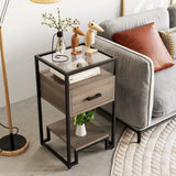 Garvee Tavolino 3 Ripiani con Vetro, 1 Cassetto, Struttura in Metallo per Soggiorno e Camera, 40x40x78 cm, Moderno Nero - Marrone + Nero
