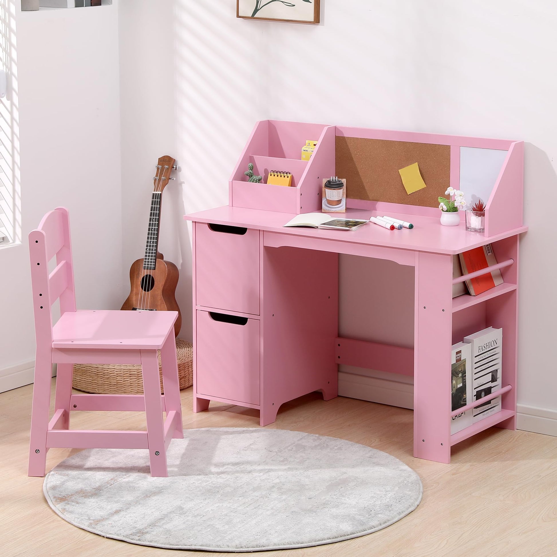 Set scrivania e sedia per bambini Garvee, in legno con contenitore, rosa, per casa e scuola, ergonomico e robusto