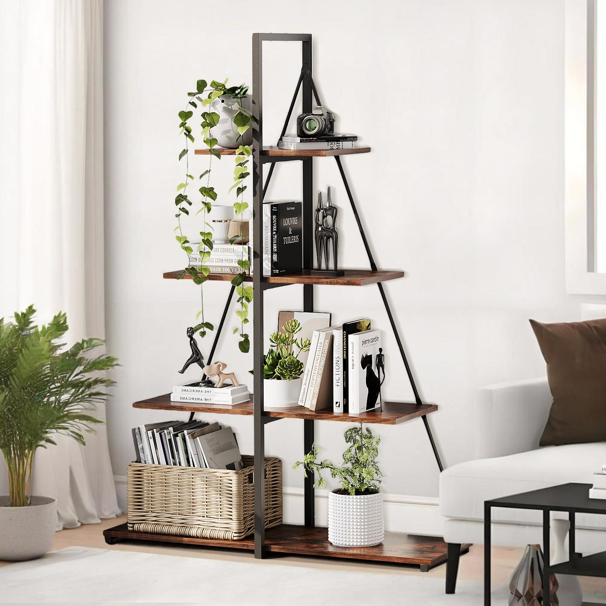 Libreria a 4 ripiani Garvee con design a barca a vela, in legno robusto, impermeabile, per soggiorno e ufficio, bianca, salvaspazio