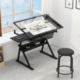 Garvee Tavolo da Disegno Regolabile con Sgabello, Piano Inclinabile 0-75°, Vetro Temperato, Acciaio, Cassetti, Casa e Ufficio, Trasparente, 80-125,7 cm - Nero
