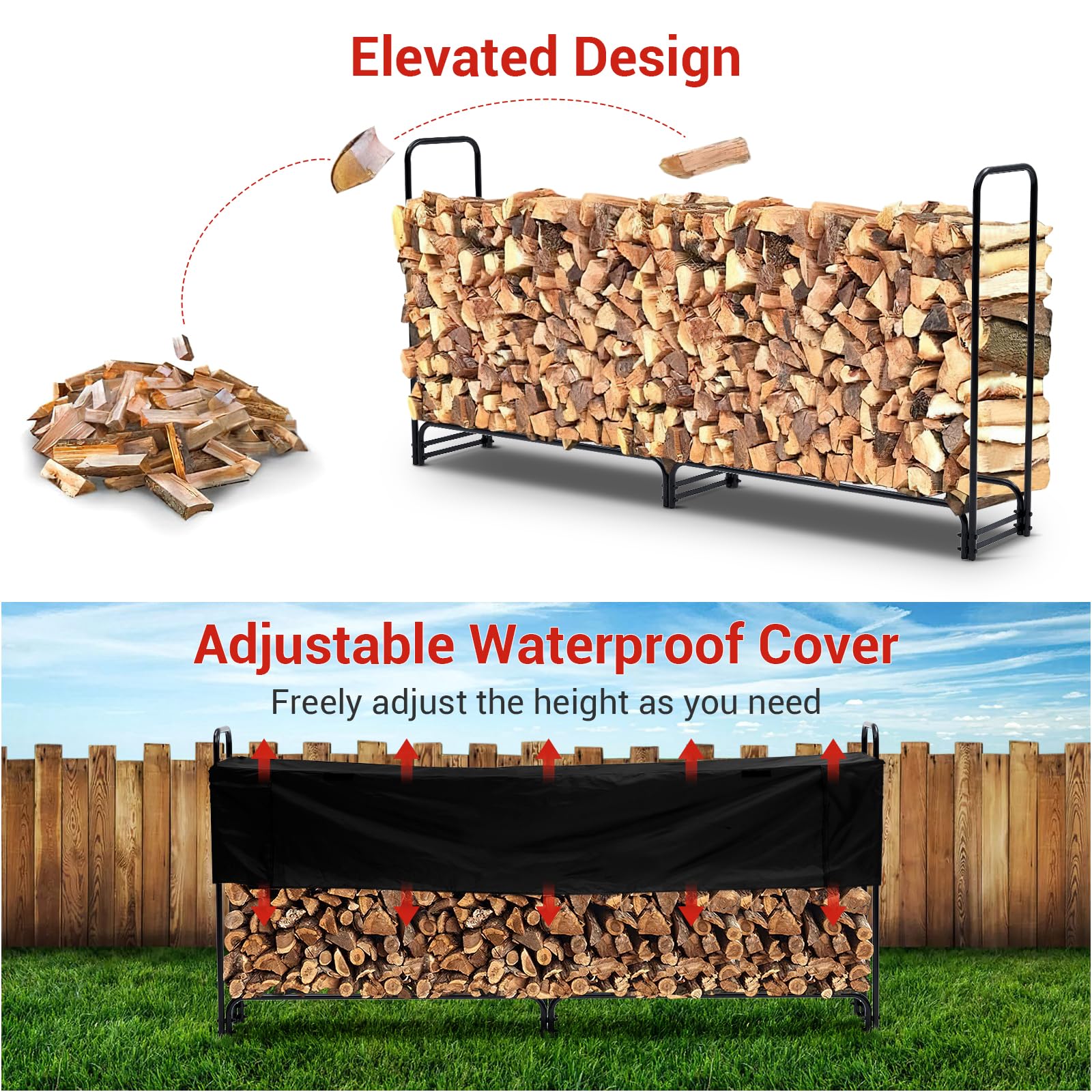 Portalegna da esterno Garvee da 8,5 piedi con copertura, capacità di 1/2 cavo, patio e giardino, acciaio, impermeabile, ventilato, doppi supporti, nero