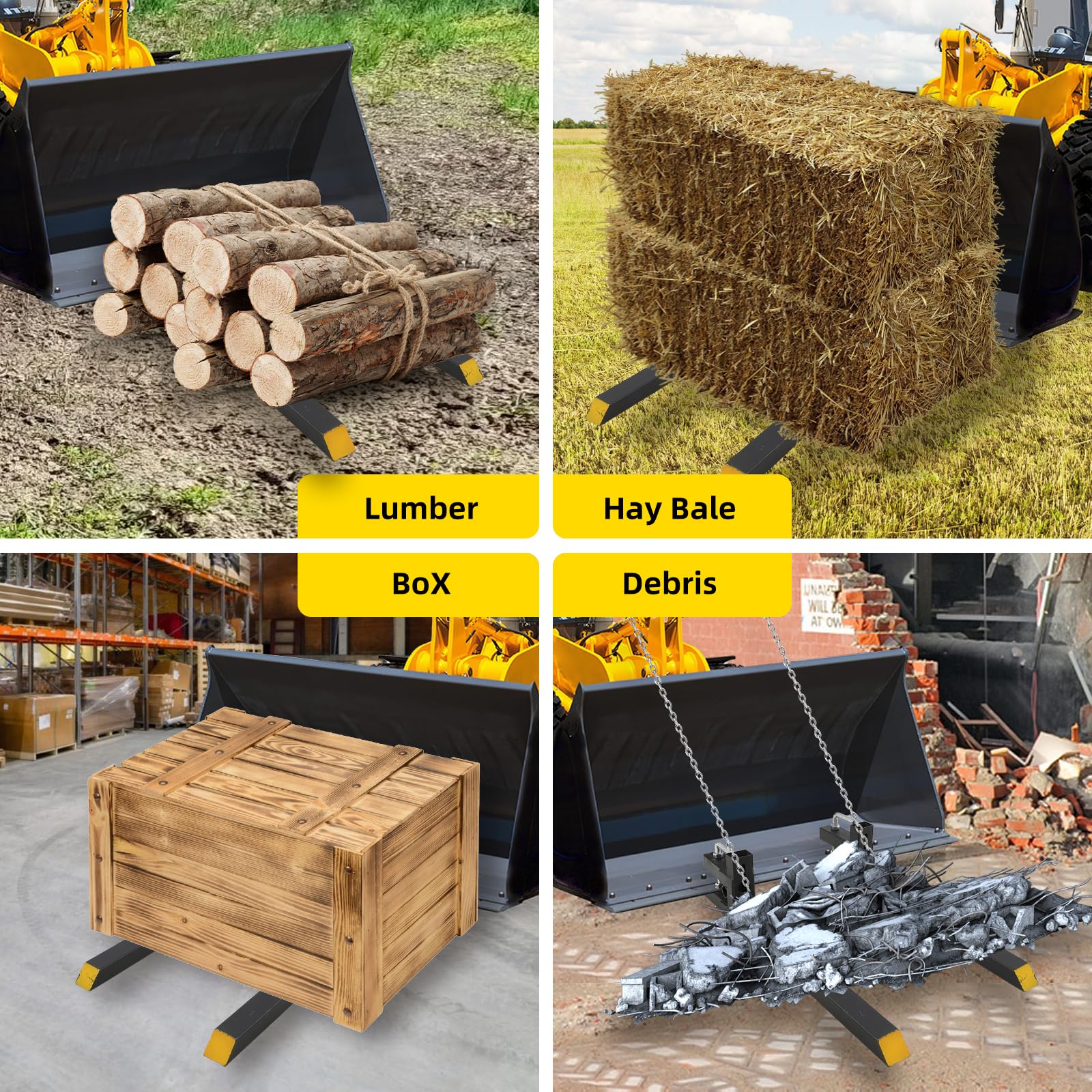 Forche per pallet con morsetto Garvee da 43 pollici e 2500 libbre, resistenti, con barra stabilizzatrice regolabile, per trattori e pale gommate, in acciaio ad alta resistenza, nere