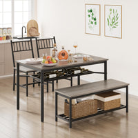 Set da pranzo Garvee per 4 persone con portabottiglie, grigio retrò, MDF e acciaio, sedie e panca robuste e salvaspazio, ideale per piccoli spazi