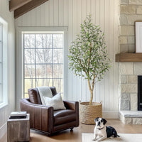 Albero di ulivo artificiale Garvee da 6 piedi con frutti realistici e tronco flessibile per interni, soggiorno, ufficio, vaso bianco