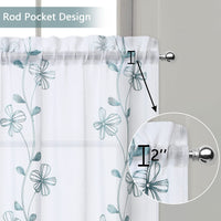 Tende trasparenti Garvee bianche con ricamo turchese per cucina e soggiorno, 2 pannelli, 26"x45", poliestere, motivo floreale