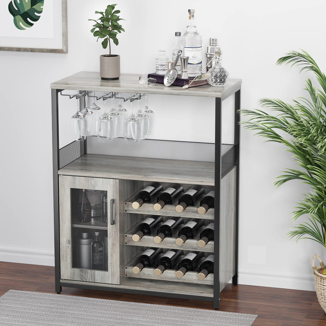 Mobile bar per vino Garvee a 3 ripiani con portabottiglie rimovibile, portabicchieri, ventilato per cucina e bar, 27,2"L x 13,8"P x 36,2"A, grigio