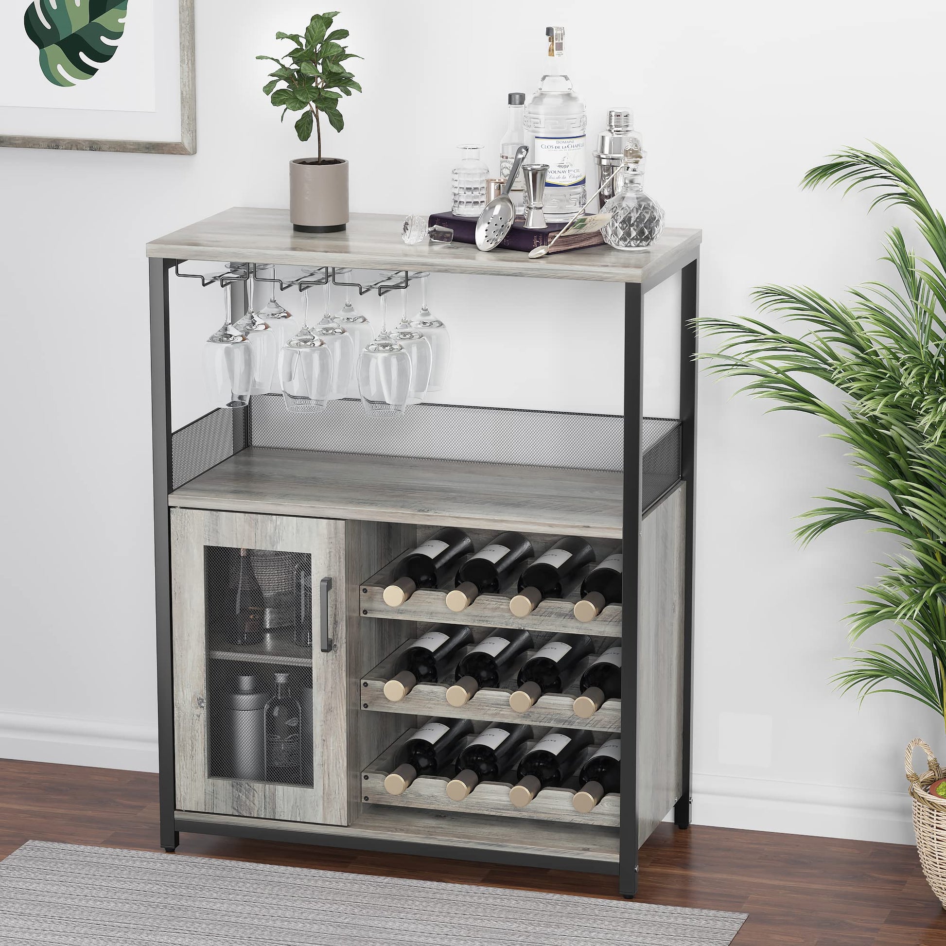 Mobile bar per vino Garvee a 3 ripiani con portabottiglie rimovibile, portabicchieri, ventilato per cucina e bar, 27,2"L x 13,8"P x 36,2"A, grigio