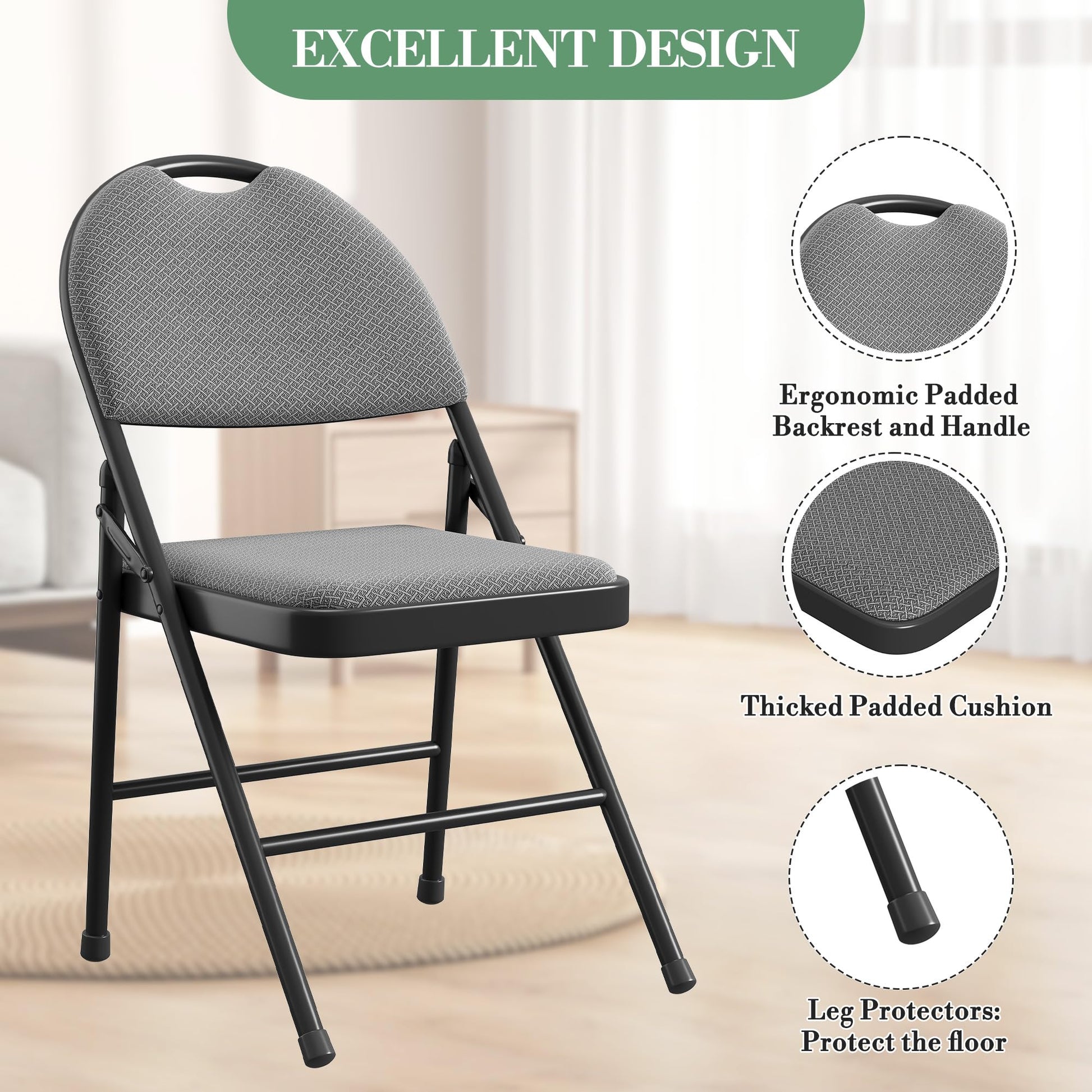 Garvee Set di 2 sedie pieghevoli con imbottitura in similpelle, struttura in metallo, ergonomiche, pieghevoli, piedini antiscivolo, grigio, per ufficio e uso esterno