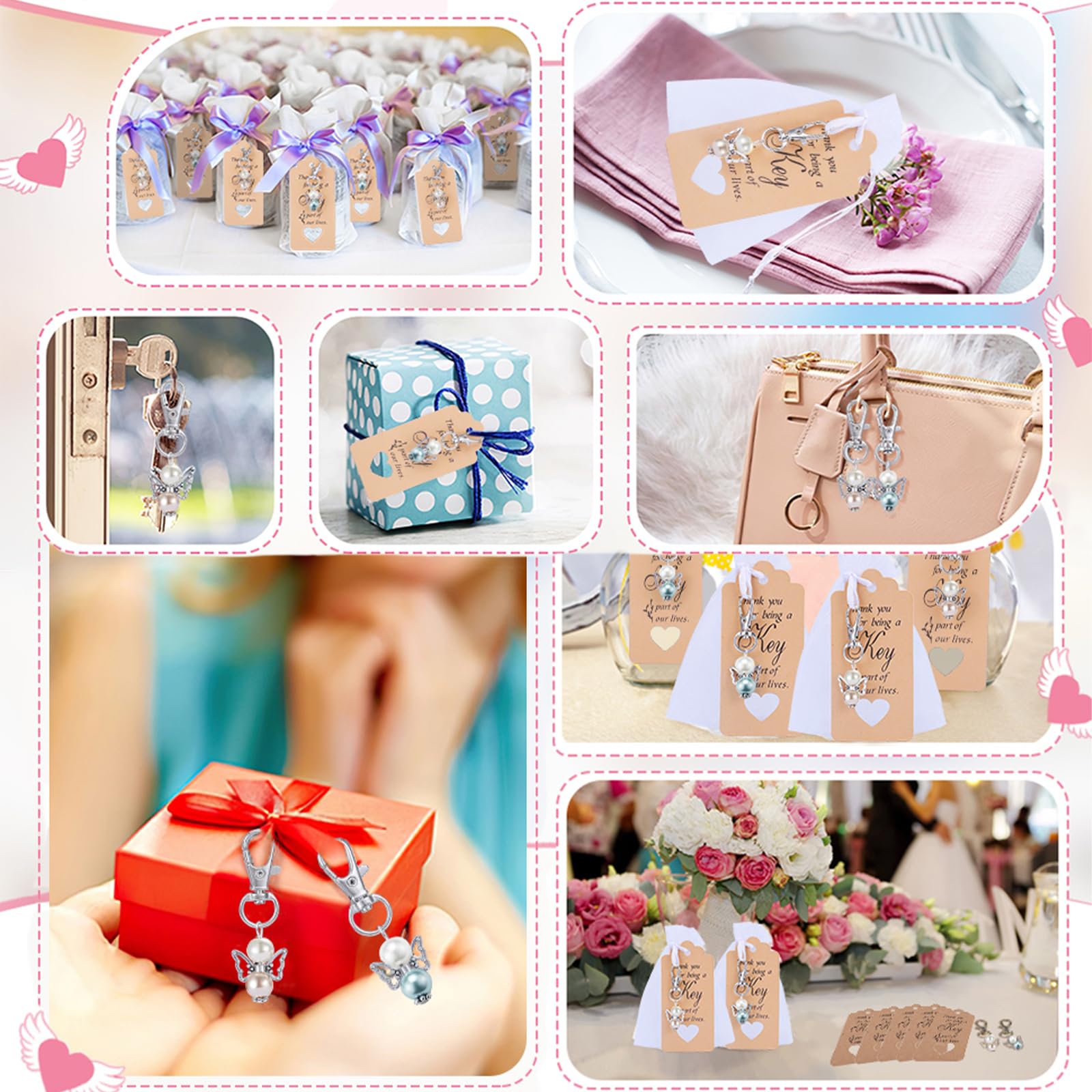 Portachiavi a forma di angelo Garvee da 20 pezzi con sacchetti in organza e biglietti di ringraziamento per battesimi, baby shower, matrimoni, regali per feste, argento