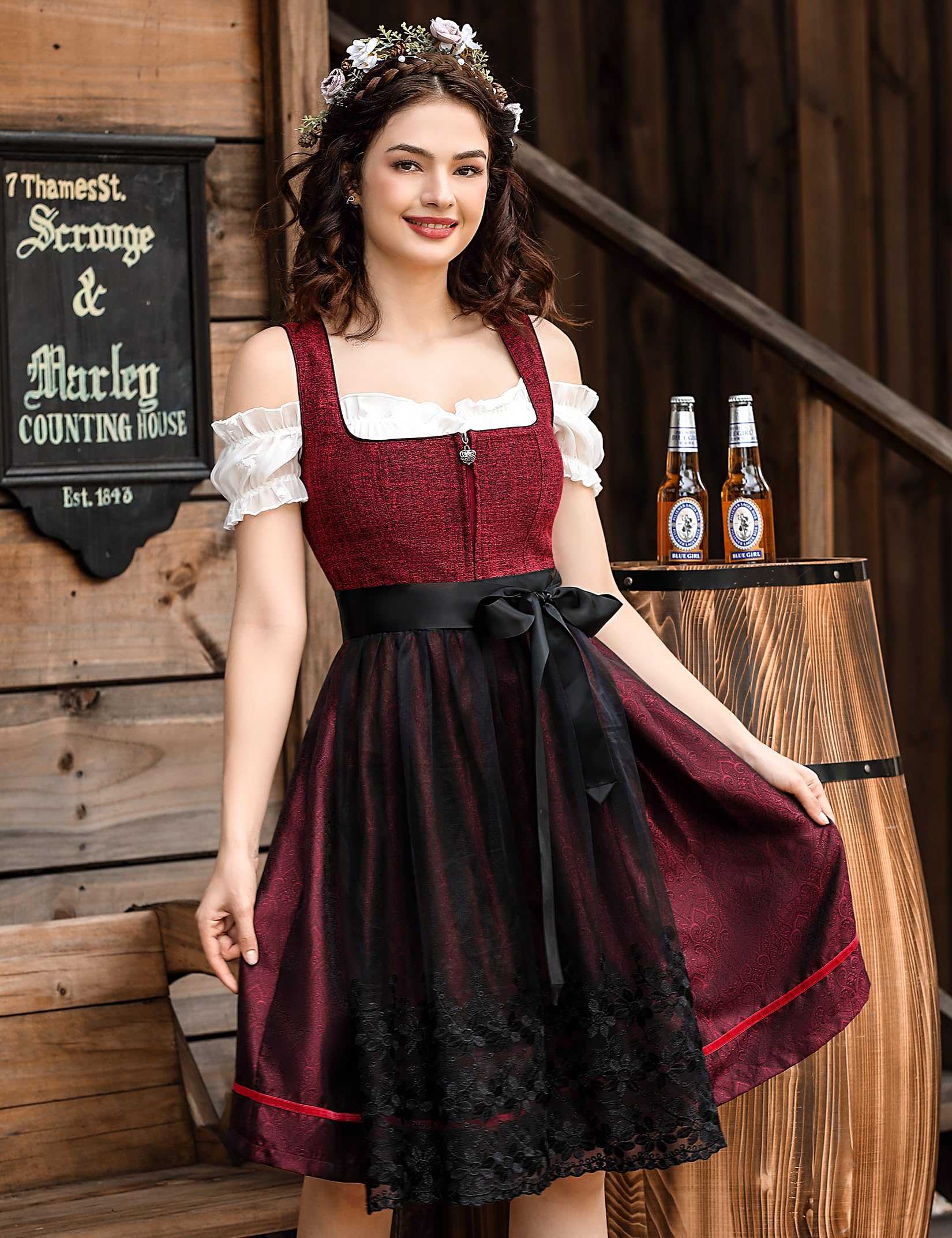 Garvee - Set da 3 pezzi in Dirndl tradizionale midi da donna per Oktoberfest, Carnevale e Martedì Grasso, rosso, taglia 42