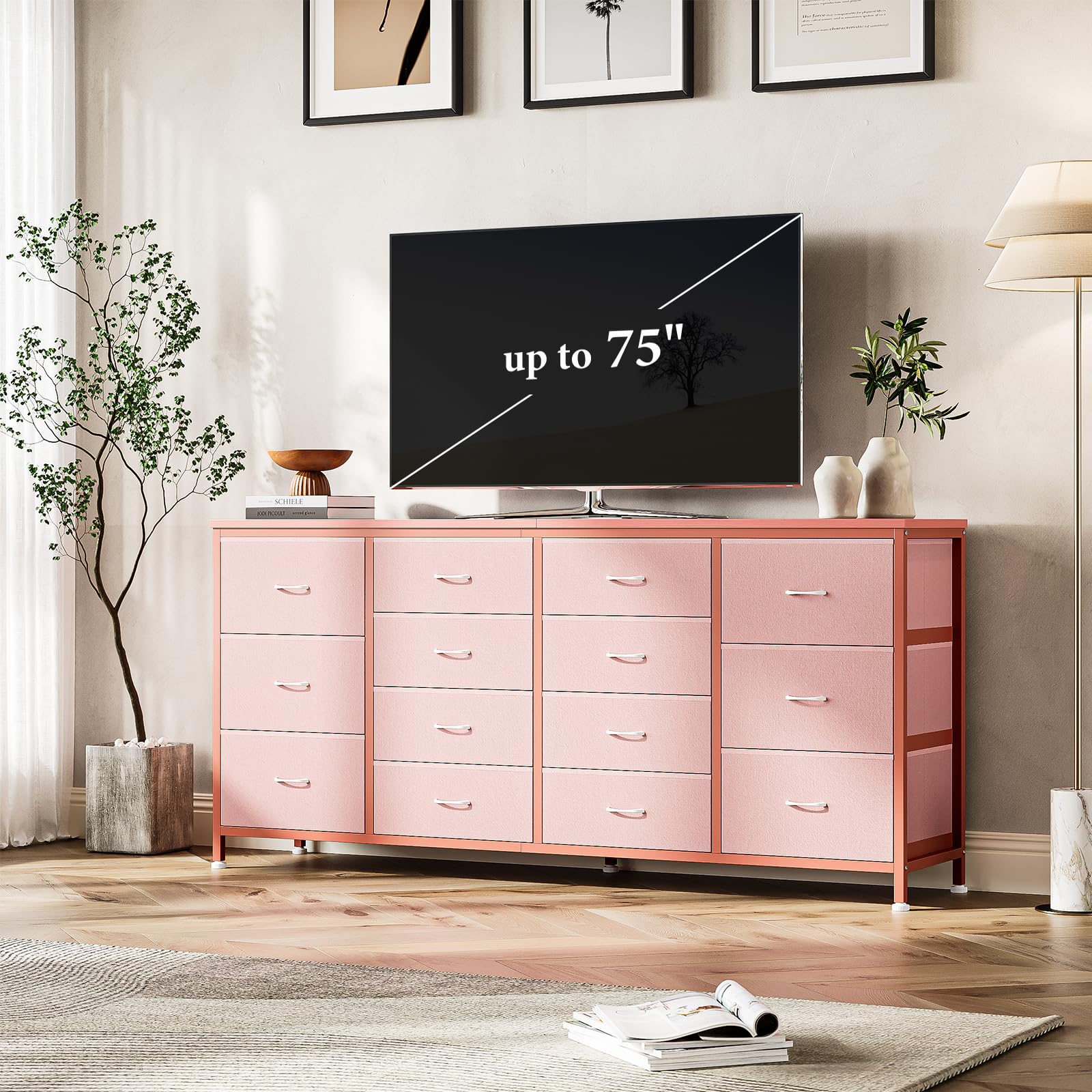 Mobile TV Garvee da 63" per TV da 65-75", 14 cassetti, piano in tessuto e legno, protezione antiribaltamento, camera da letto e soggiorno, resistente e sicuro