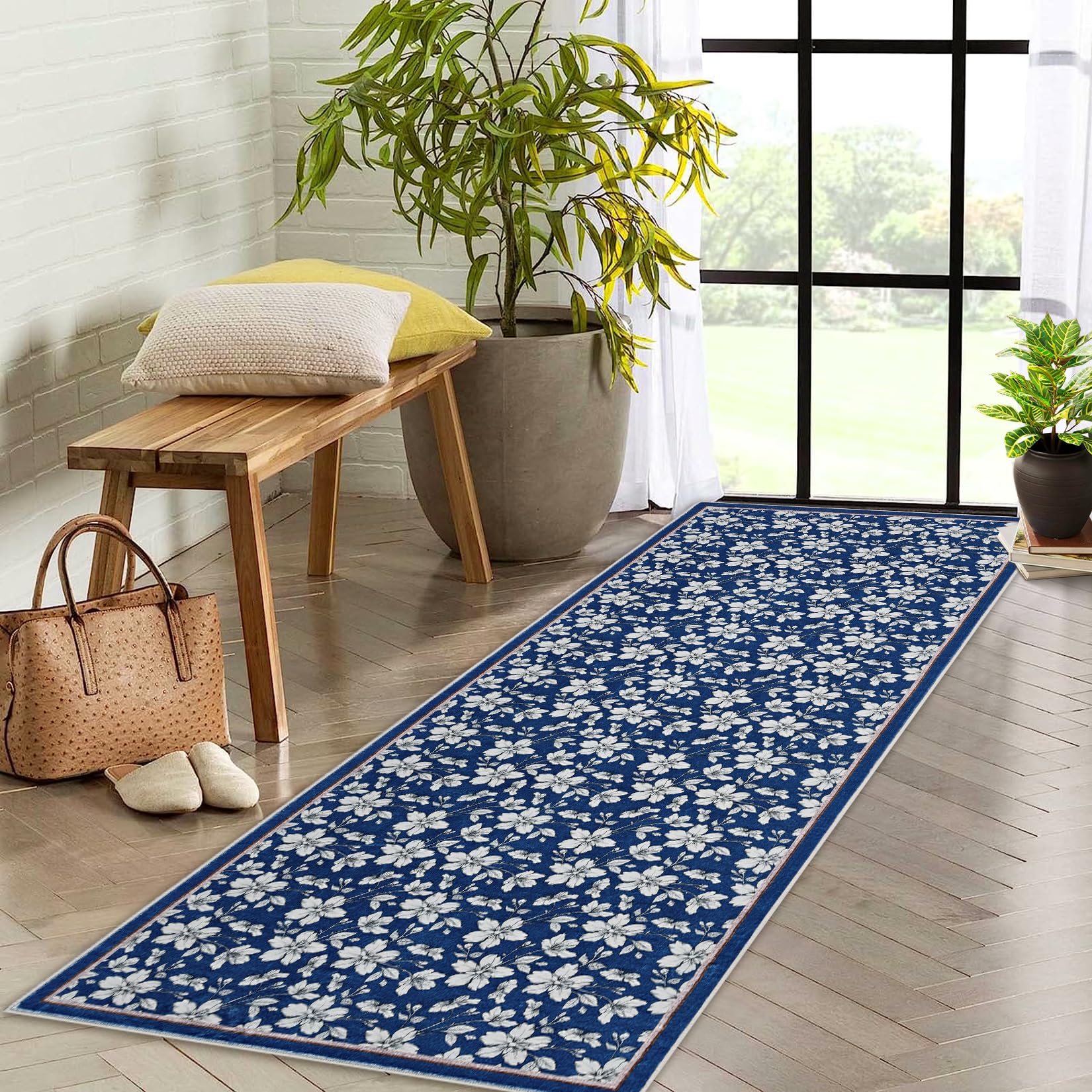 Tappeto per soggiorno Garvee 80 x 150 cm a pelo corto, antiscivolo, vintage, floreale, lavabile, blu