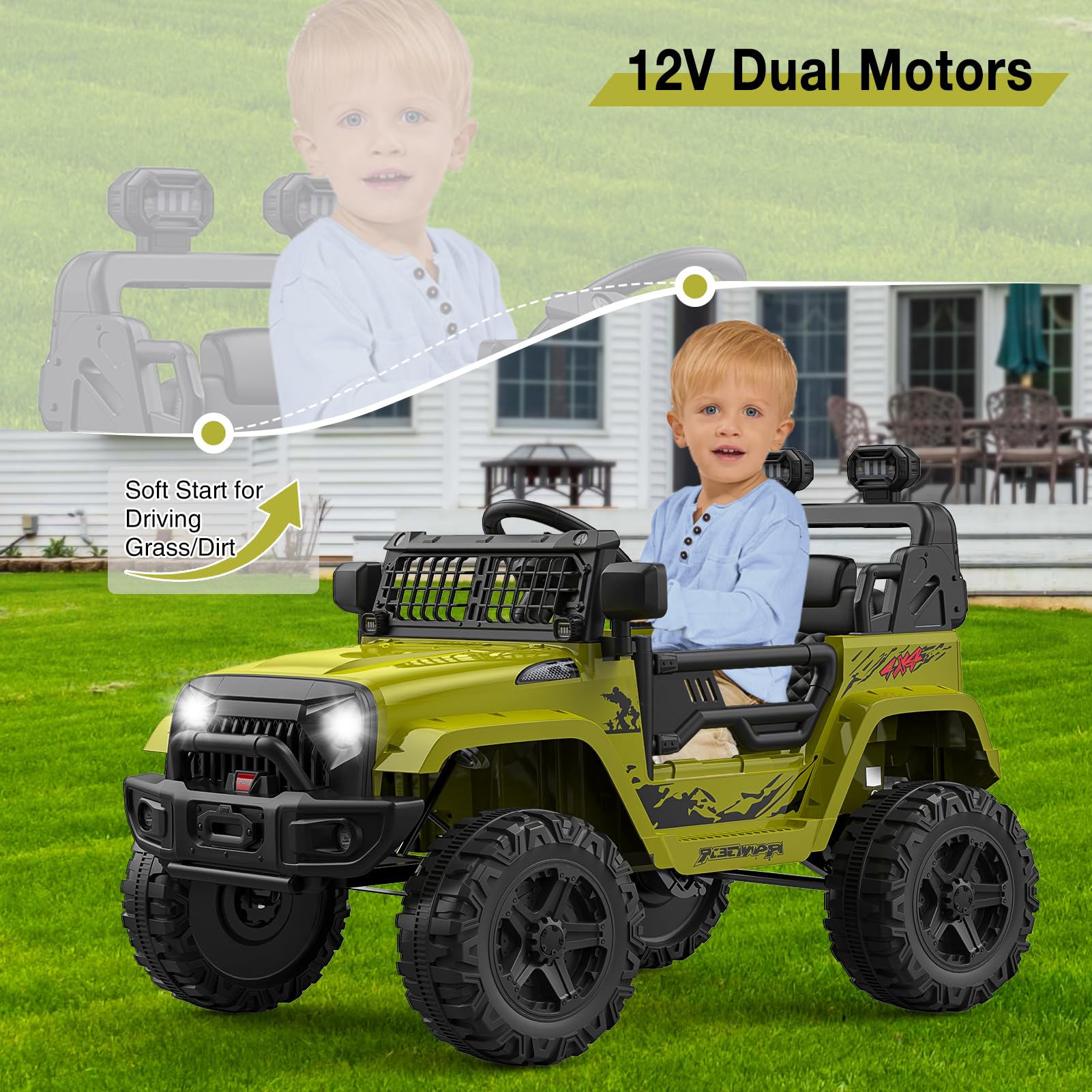 Garvee 12V Kids Electric Off-Road Car Green con telecomando e Bluetooth – SUV robusto per bambini e bambine dai 3 anni in su