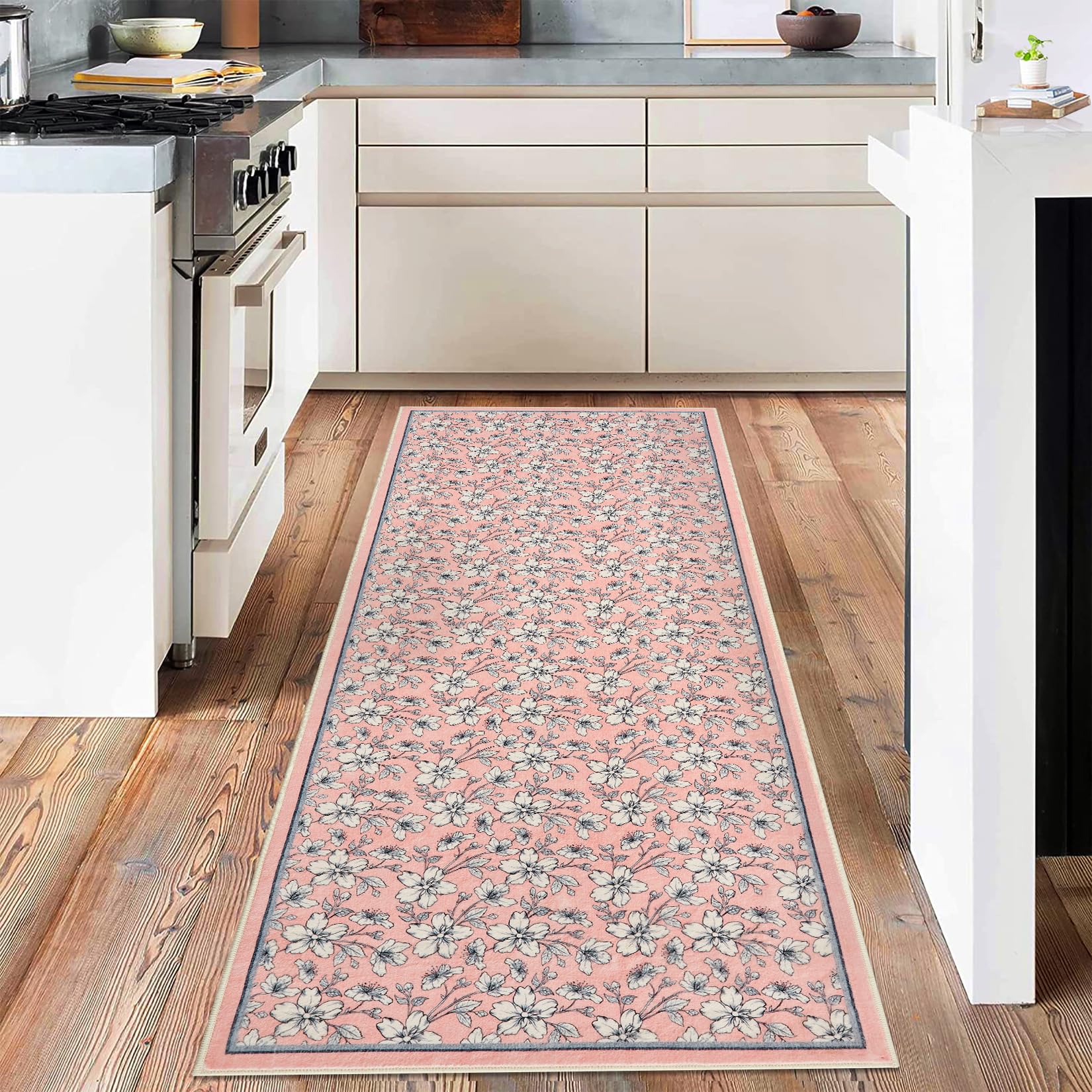 Tappeto per soggiorno Garvee 80 x 150 cm a pelo corto, antiscivolo, vintage, floreale, lavabile, blu