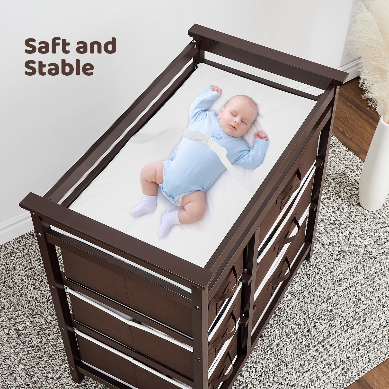 Fasciatoio Garvee con 6 cassetti, sponde di sicurezza, altezza regolabile per neonati e bambini, legno, tappetino impermeabile, facile da pulire