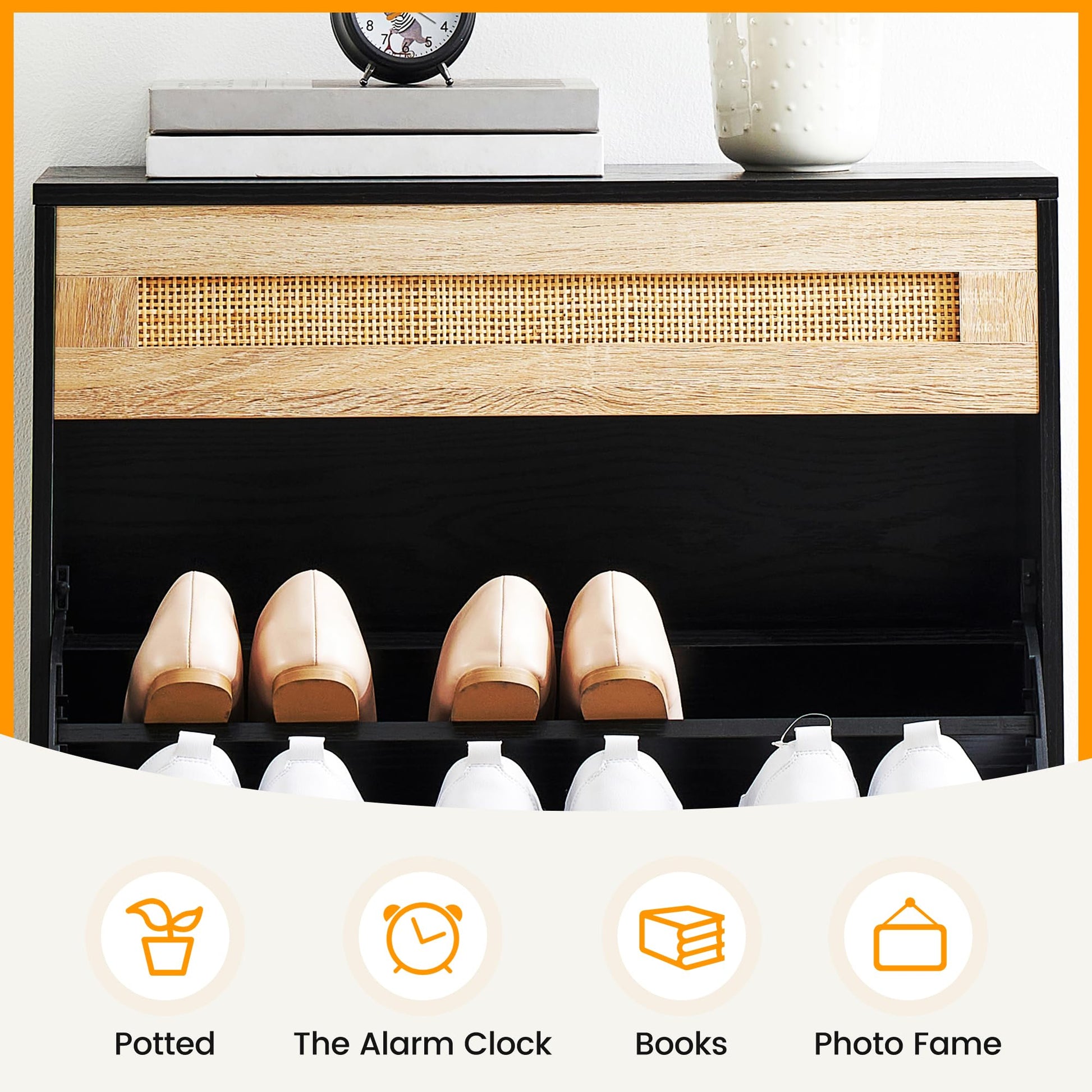 Scarpiera Garvee con 2 ante a ribalta e 1 cassetto, regolabile, in legno e rattan, per corridoio e ingresso, 24x40,3 pollici, colore naturale