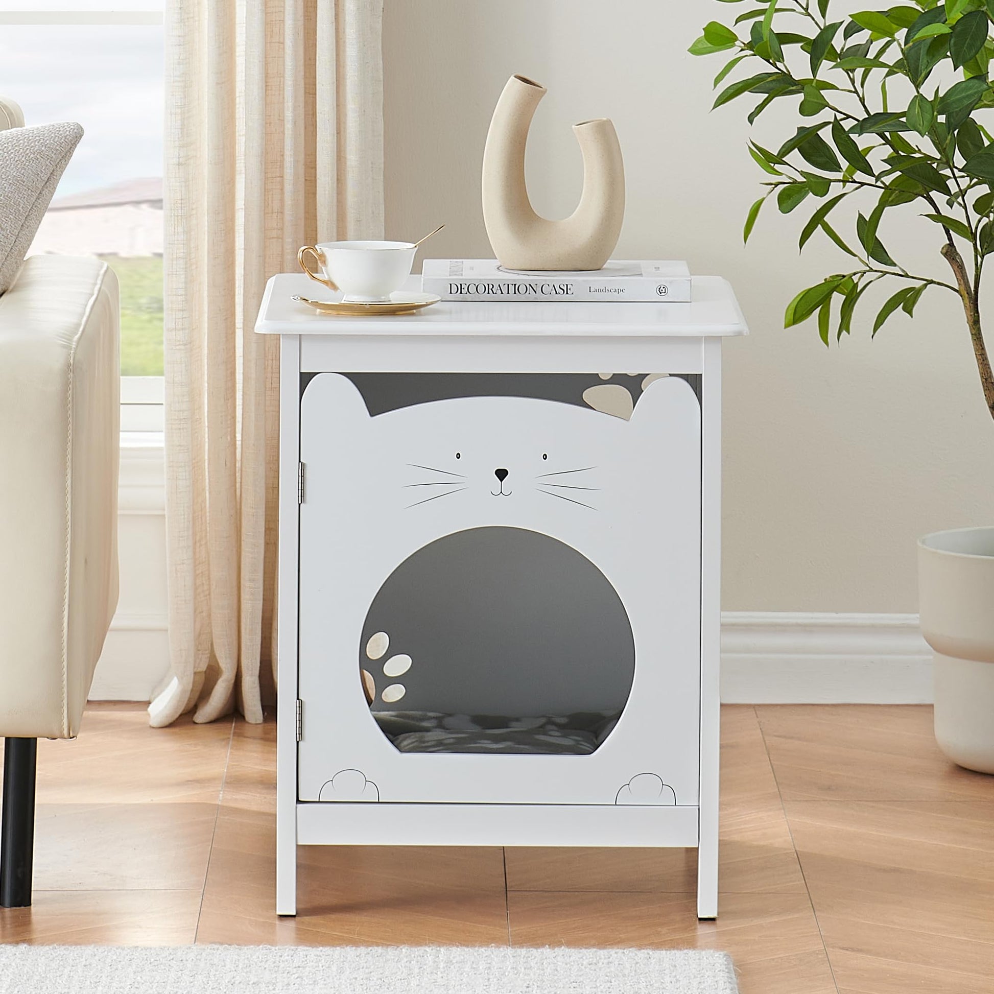 Garvee - Lettiera per gatti con porta, ventilazione, tappetino morbido, tavolino laterale, mobile in legno, bianco, salvaspazio, adatta per camere da letto