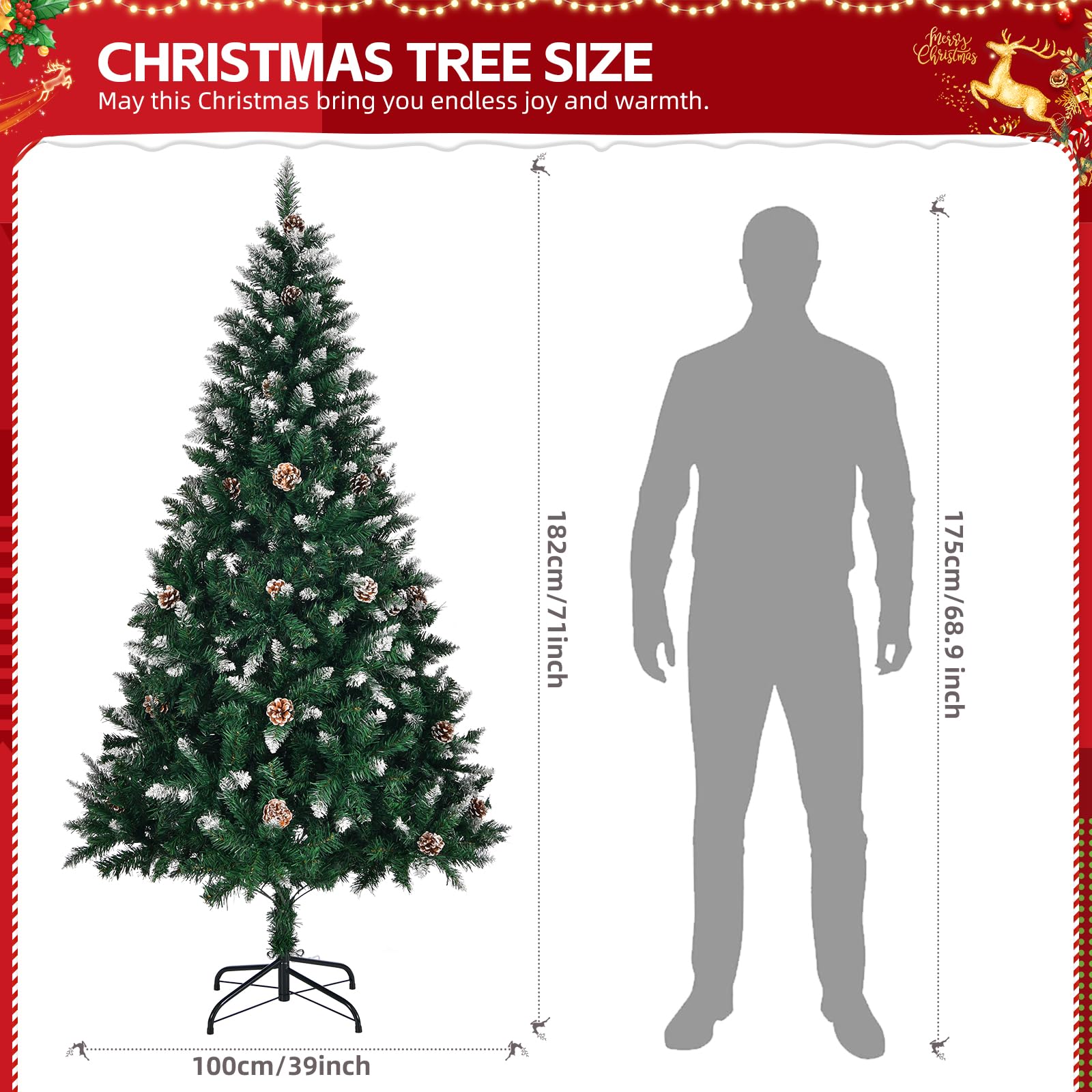 Albero di Natale artificiale Garvee da 180 cm con pigne ed effetto neve ghiacciata, rami fitti e realistici, supporto in metallo, bianco