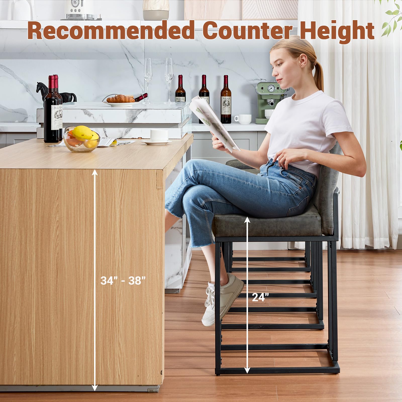 Set di 2 sgabelli da bar Garvee da 24", in similpelle, ergonomici e stabili, struttura in metallo, poggiapiedi, grigio, per isola da cucina e bar, altezza 34-38".