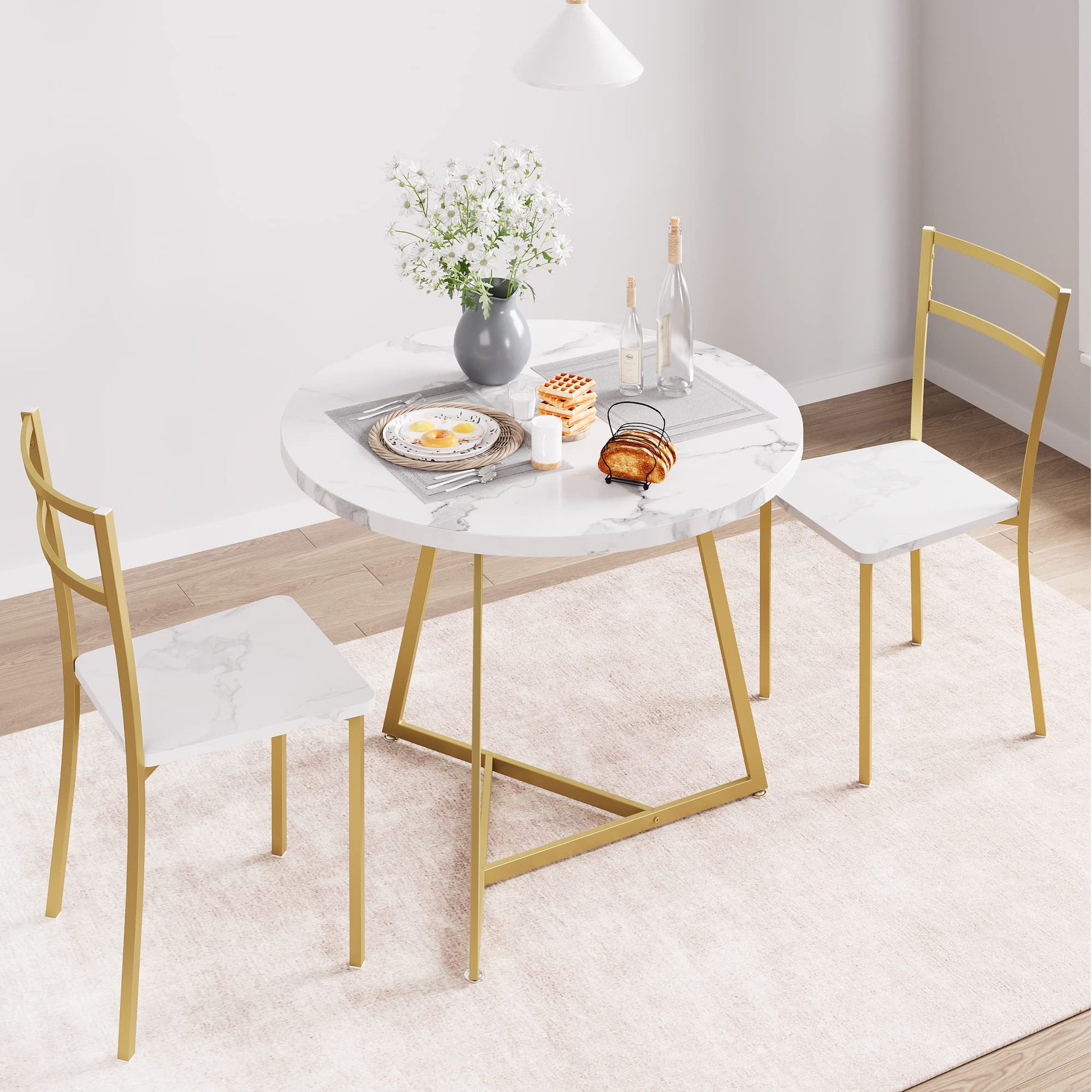 Set da pranzo Garvee per 2, tavolo da cucina rotondo moderno con sedie imbottite, marmo bianco e oro, MDF e acciaio, salvaspazio per stanze piccole