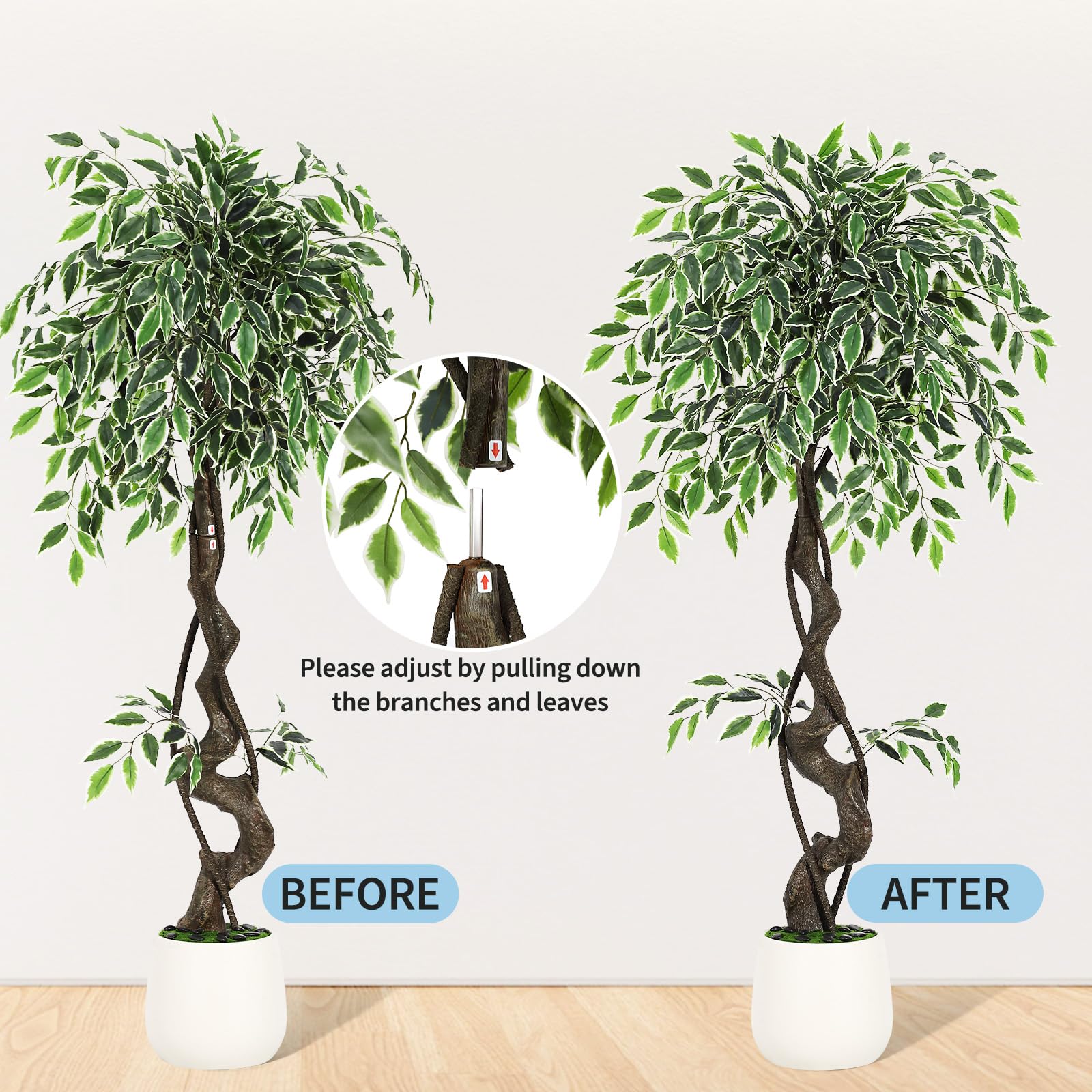 Albero di ficus artificiale Garvee da 4 piedi con oltre 700 foglie di seta, robusto vaso in ceramica per interni, esterni, soggiorno, ufficio, arredamento verde bianco