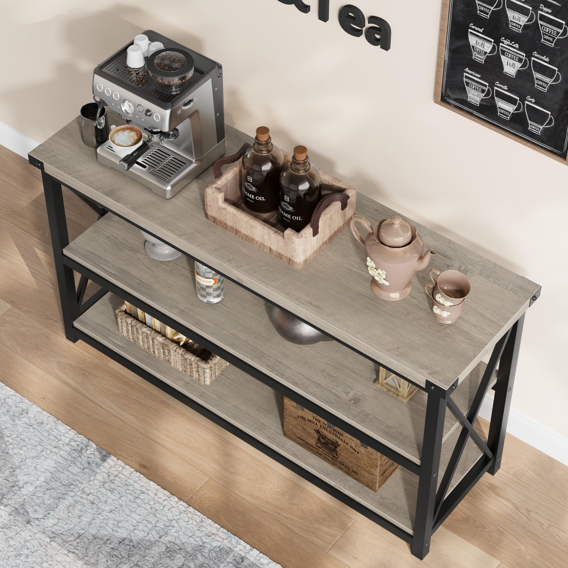 Tavolo consolle lungo industriale Garvee da 47" a 3 livelli con spazio di archiviazione per corridoio e soggiorno, marrone rustico