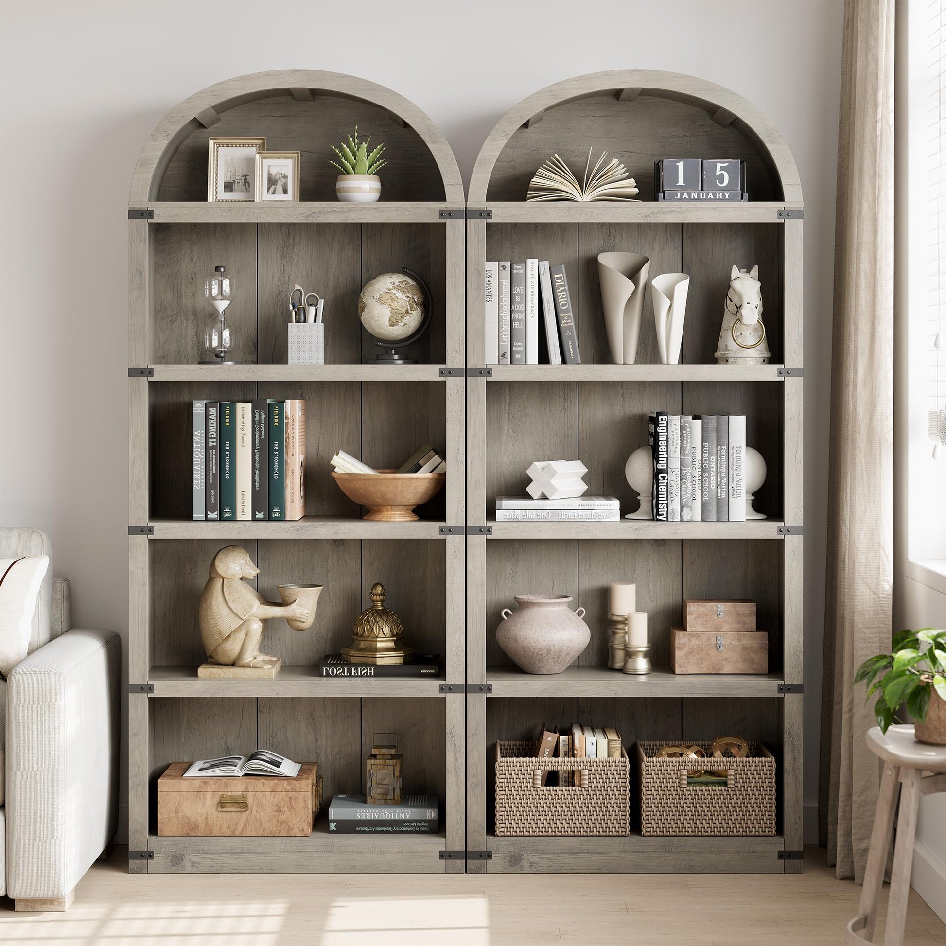 Libreria Garvee con 5 ripiani, stile fattoria ad arco, in legno con protezioni angolari in metallo per soggiorno e ufficio, 71,65" x 29,92" x 11,88" in legno naturale
