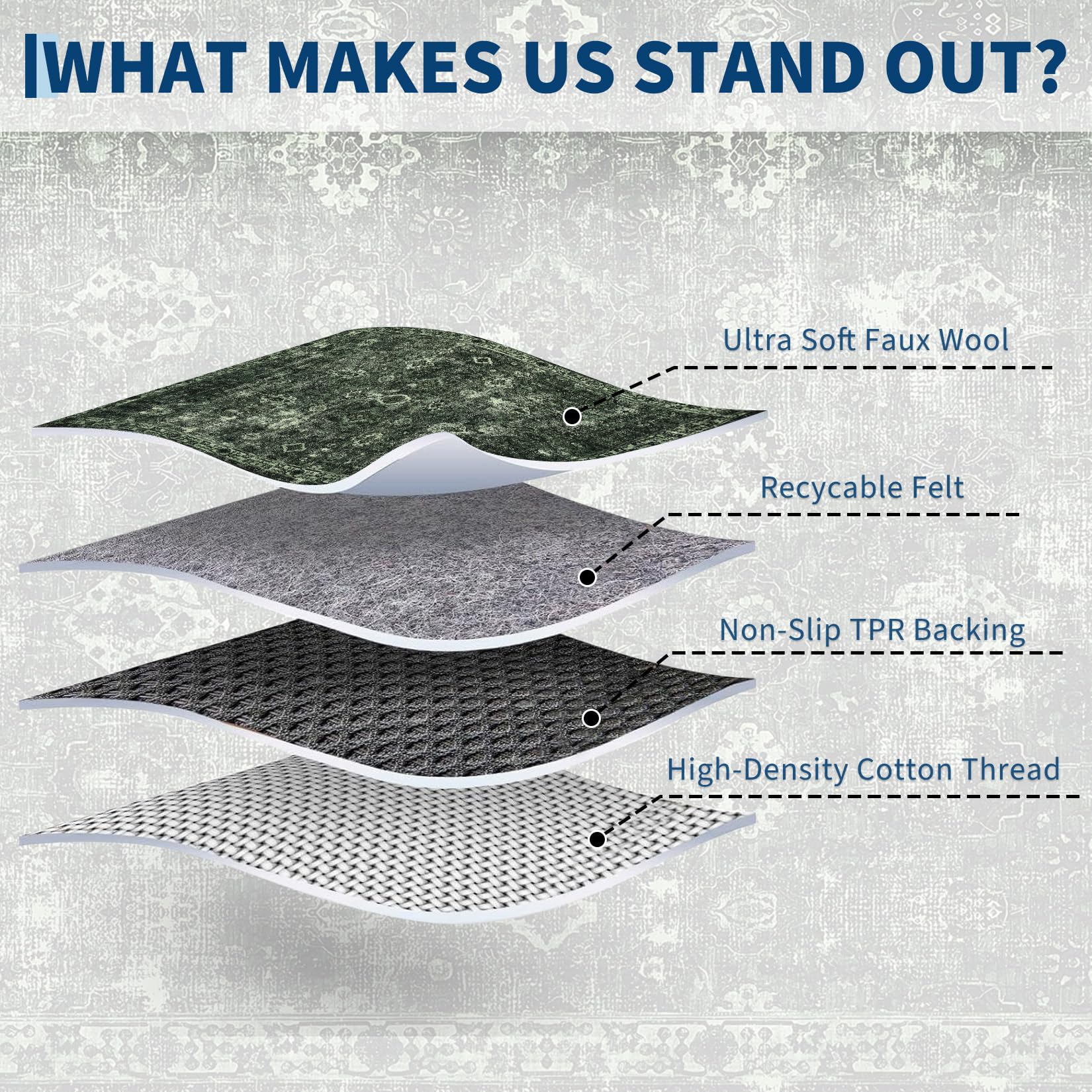 Tappeto Garvee Boho per soggiorno, grande, vintage, lavabile, a pelo corto, verde scuro, 200x290 cm