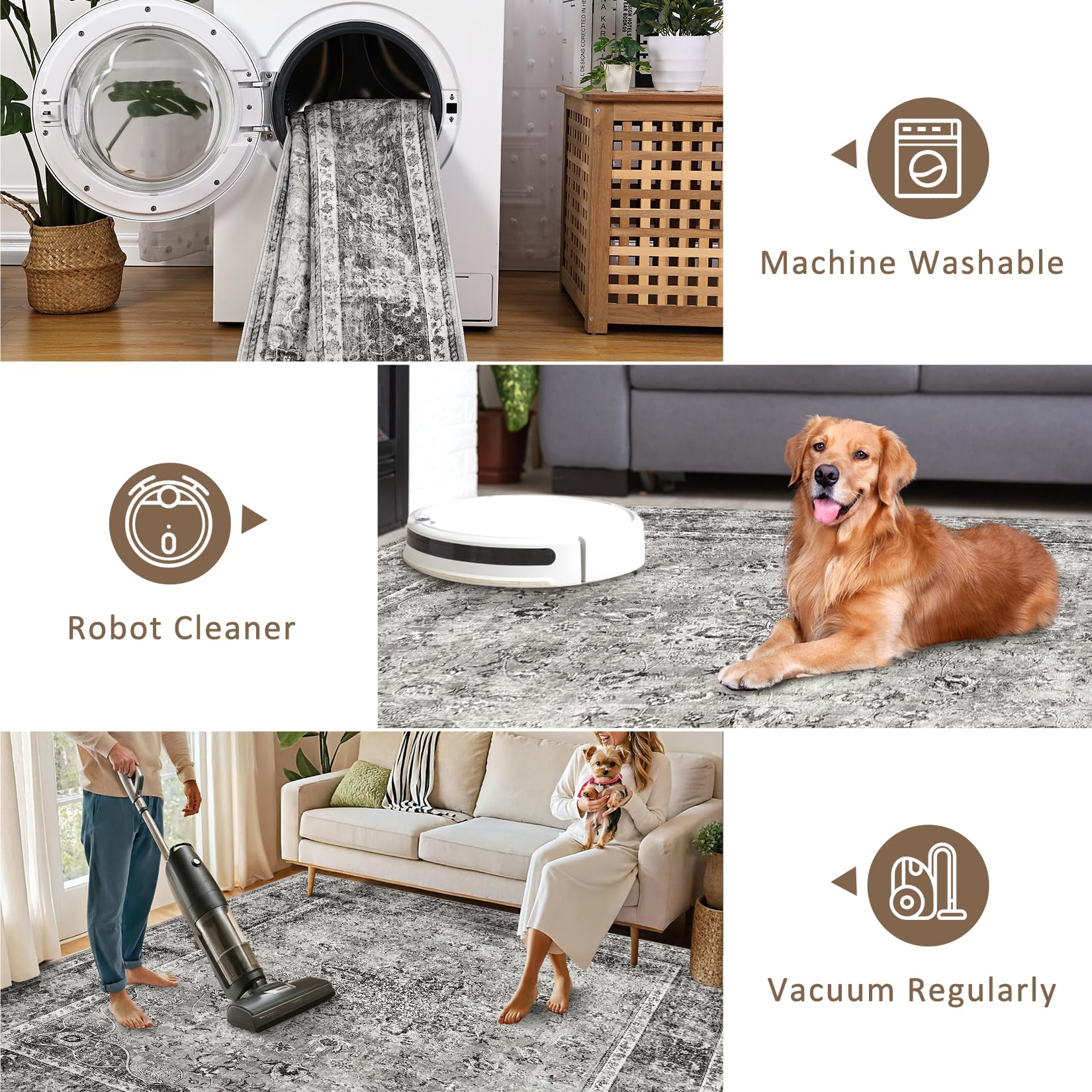 Tappeto per soggiorno Garvee 120x170cm Grigio Vintage Antiscivolo Lavabile per soggiorno Camera da letto Cucina