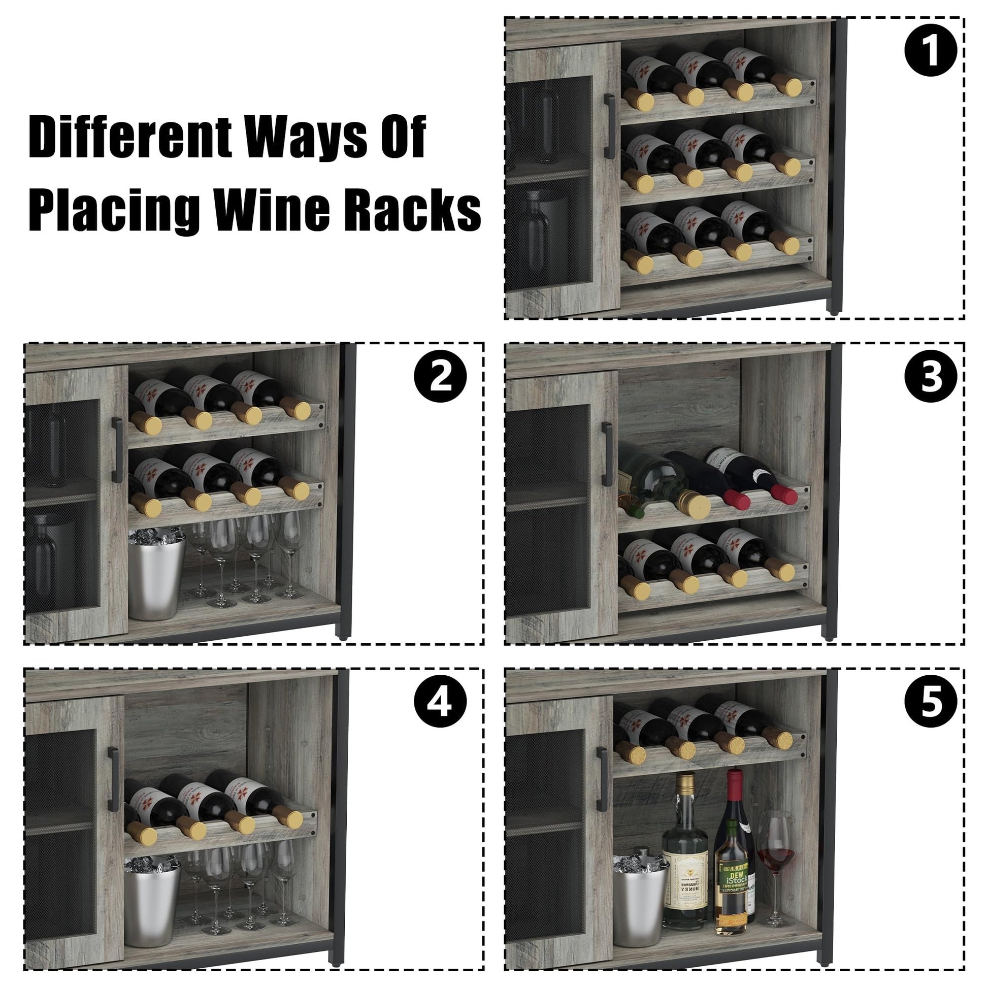 Mobile bar per vino Garvee con luce LED, ripiani regolabili, porta a rete, MDF e metallo, altezza 36", cucina e sala da pranzo, robusto, compatto