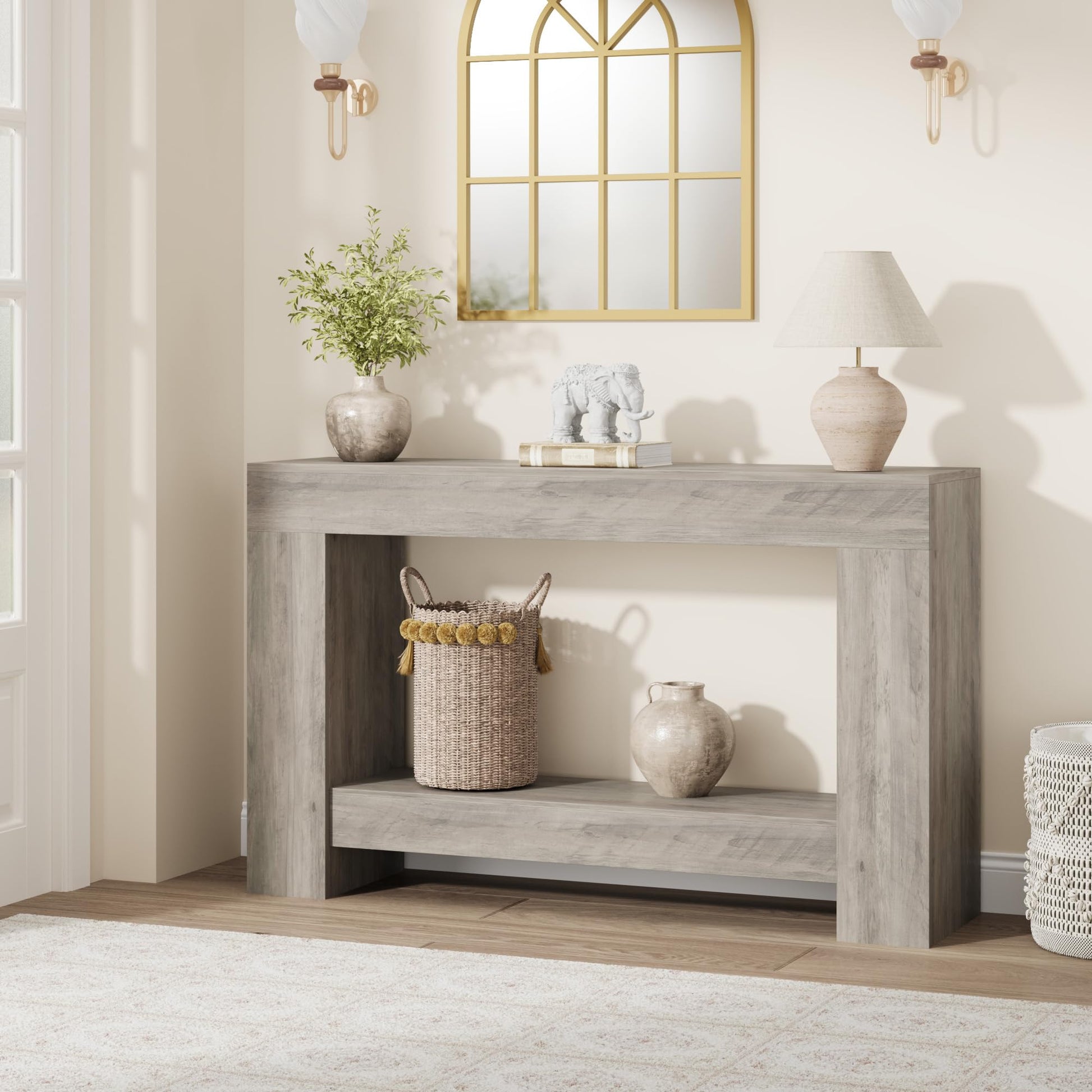 Tavolo consolle Garvee da 47" per corridoio, 2 livelli, legno robusto, rustico, con spazio di archiviazione, soggiorno e ingresso, marrone