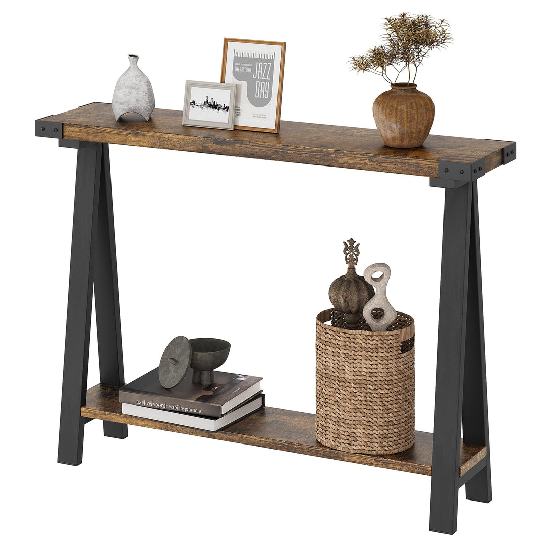 Tavolo console Garvee per corridoio, 2 ripiani con tenitore, gambe a R, legno, 43.3 pollici, soggiorno e ufficio, stretto, versatile